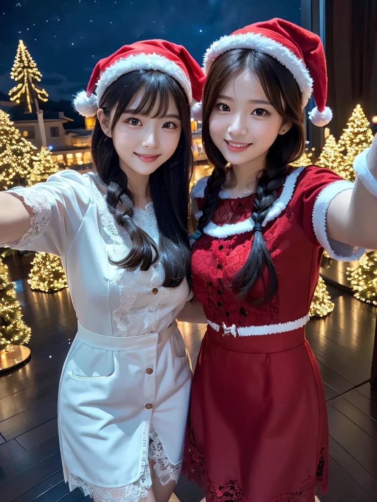  trending at cgstation , Ulzzang,  Gouvais-inspired artwork, With a cute face,  beautiful. beautiful顔.Two Women .Nightsky.starry.moom (8k) Inside hoom room . winter .santa hat. Line-up group .braid .((Red Detailed lace pattern)).  (selfee) . Standing.  Smile .Xmas Illumination. Stoking. Red drees. . 