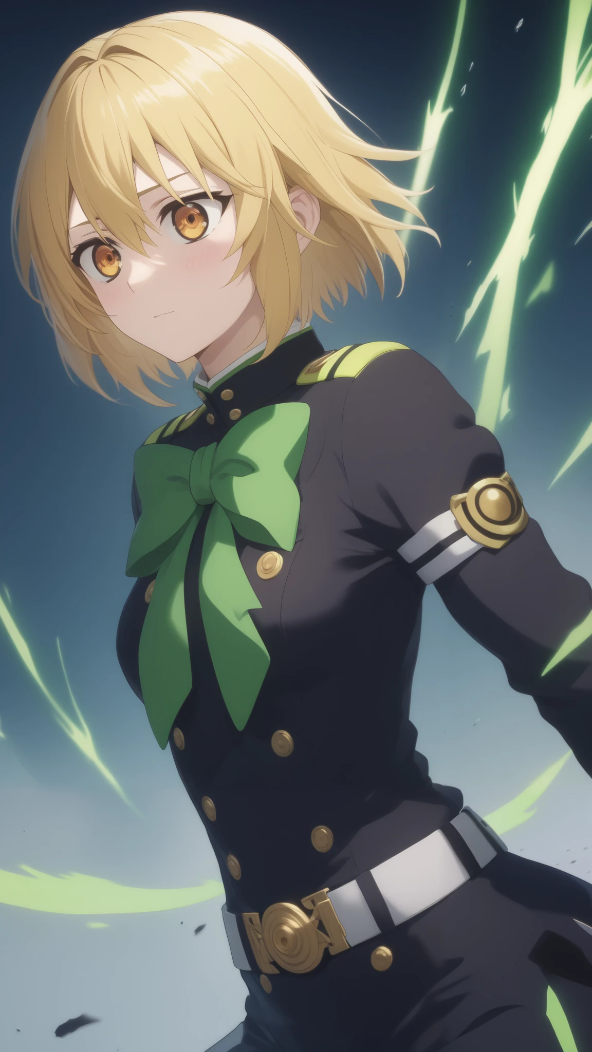 score_9, score_8_up, score_7_up, source_anime,  intricate details , (3d:0.4), ,  1 girl fights,  blonde , solo, female focus, светло-yellow hair, orange-amber eyes , big amber-colored eyes ,  short blond hair ,  hair between eyes,  sci-fi space opera, short bob hair , bangs, yellow hair, blushed, black uniform, Breasts,  thin waist, god,  slender legs , trousers, Hiiragi, belt,  fires with a black and green bow,  pulls the string of a black-and-green bow, the black-and-green arrow ,  green flash of magic in hand, in the background is a destroyed city