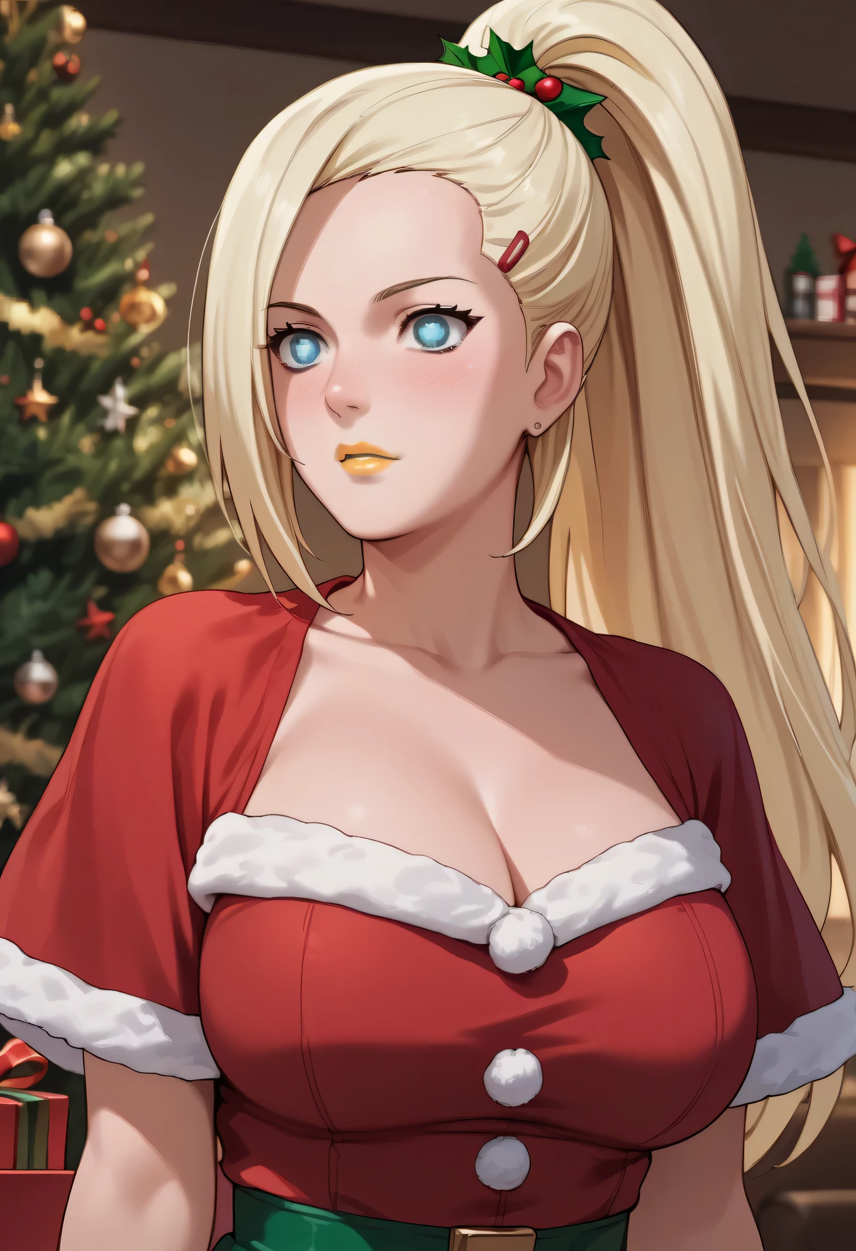 woman, white skin, blonde hair, blue eyes, anime style, Ino Yamanaka, large breasts, yellow lipstick, christmas, christmas outfit, ponytail