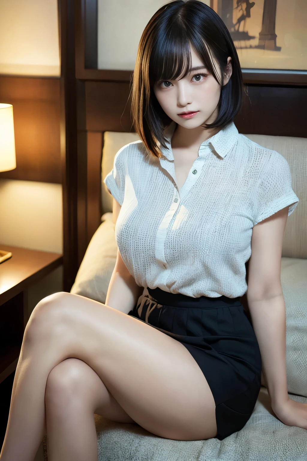 20yo woman, (masterpiece: 1.4), (8K, reality, original photo, best quality: 1.4), Japan, (1 girl), beautiful face, (Real faces: 1.4), (pink hair, short hair: 1.3), hairstyle, Realistic blue eyes, beautiful details eyes, (reality皮肤: 1.3), beautiful skin, Attractive, ultra high resolution, Super realistic, HD, golden ratio, (Detailed face: 1.4), (Japan演员: estuary), Sheer vest,粉色short hair,White透明,White,NSFW,big,big屁股强调,The nipple areola is clearly shaped,looking into camera,Sitting on the sofa,pubic shape is transparent and clear,posture(Bend your knees and legs open)