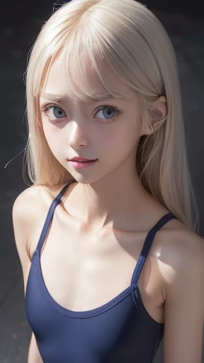 ((from above:1.5)),((((sfw:1.5)))),((sfw:1.5)),((sfw:1.5)),((sfw:1.5)),((Upper Body:1.5)) Korean Asian Teenager Photos、((Beautiful and cute idol girl:1.5))、Platinum Blonde Hair、11yo,Narrow eyes:1.5、Thin face、Thin neck、((Slim body)),((skinny):1.5),((Flat chest:1.5)),((clavicle)),((Narrow eyes：1.5))、(Thin arms)、(Thin neck)、（Thin lips）、A small smile、Thin arms、(Dark blue school swimsuit:1.5）,cameltoe