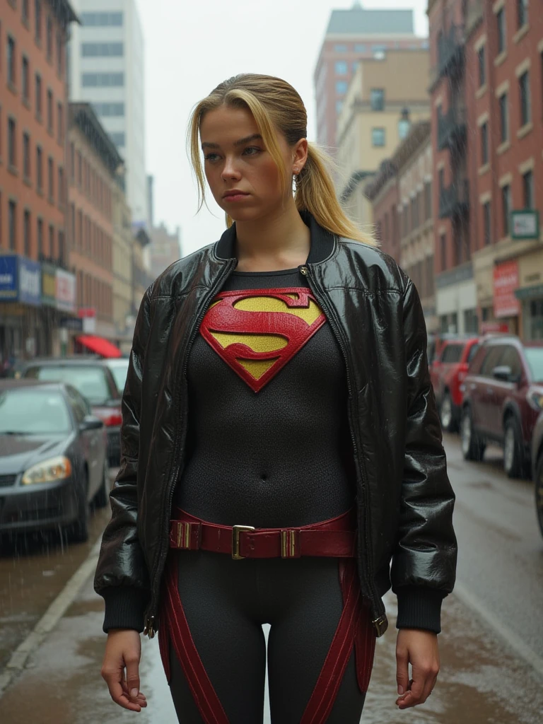 Milly Alcock,blonde ponytail hair,bomber jacket,super girl costume,in the streets of cleveland,raining