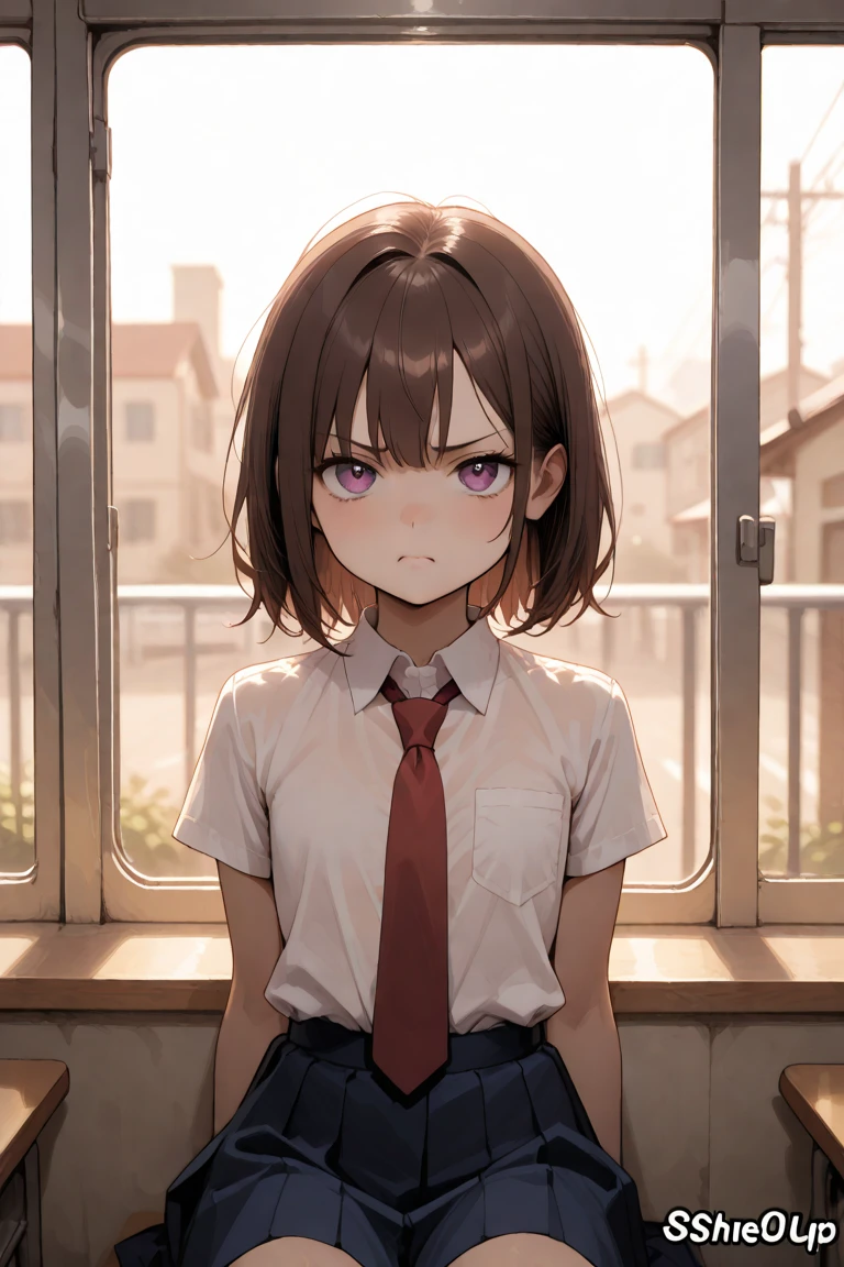 manga artstyle, sepia faded color, a shortstack school girl with purple eyes, she is sitting on the school bus leaning her head against the window,  white button up short sleeve top, red tie,  flat chested, (expressive purple eyes), brown hair, annoyed expression, looking at her flat chest