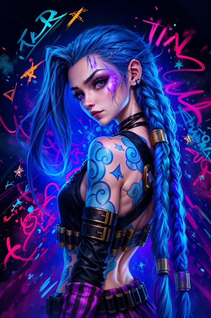 a close up of a person with blue hair and tattoos, portrait of jinx from arcane, arcane jinx, jinx from arcane, jinx from league of legends, rossdraws cartoon vibrant, inspired by rossdraws, epic digital art illustration, fantastic artstyle, cyberpunk art style, rossdraws pastel vibrant, rossdraws 2. 0, deviantart artstation cgscosiety