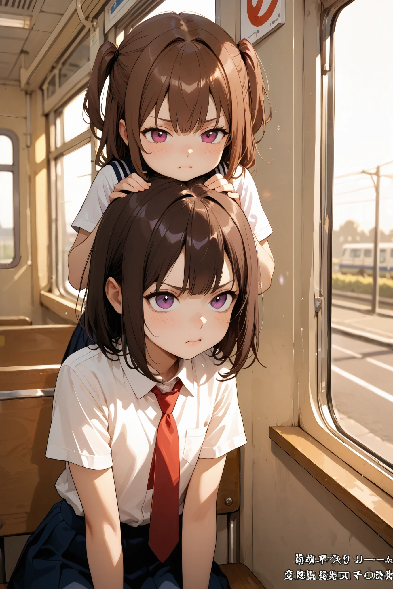 manga artstyle, sepia faded color, a shortstack school girl with purple eyes, she is sitting on the school bus leaning her head against the window,  white button up short sleeve top, red tie,  flat chested, (expressive purple eyes), brown hair, annoyed expression, looking at her flat chest