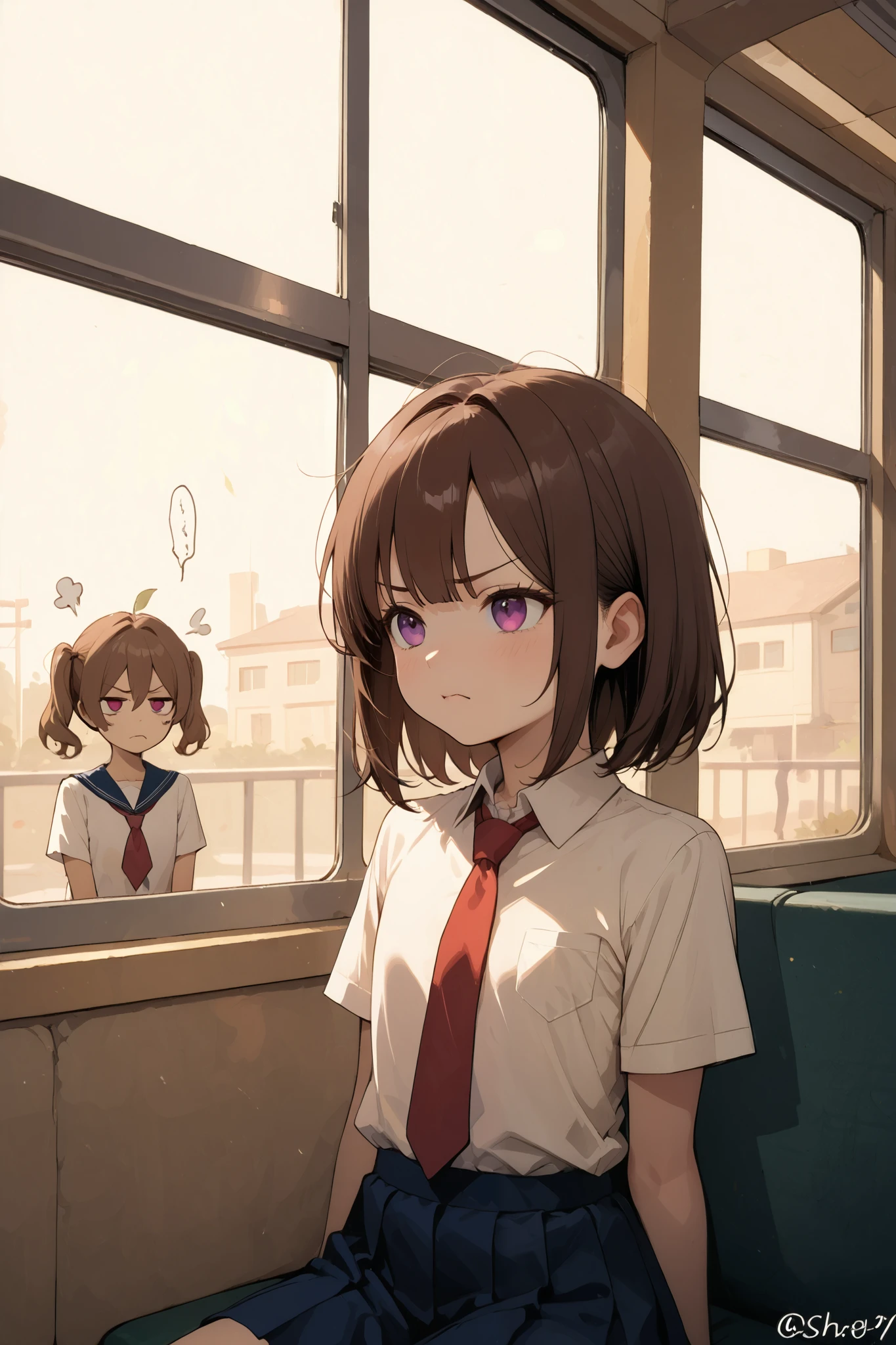 manga artstyle, sepia faded color, a shortstack school girl with purple eyes, she is sitting on the school bus leaning her head against the window,  white button up short sleeve top, red tie,  flat chested, (expressive purple eyes), brown hair, annoyed expression, looking at her flat chest