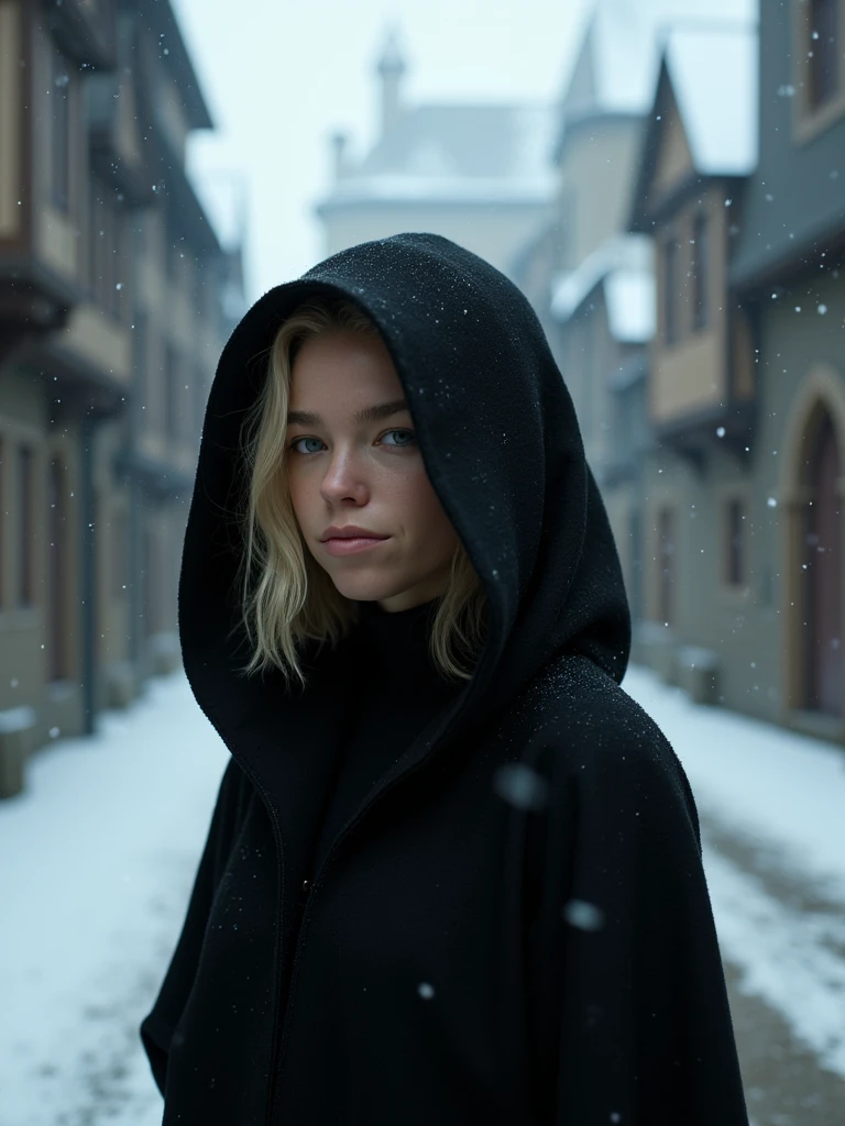 Milly Alcock,blonde hair,black hooded cloak,black turtleeck,in the empty streets of a fantasy snowy medieval street