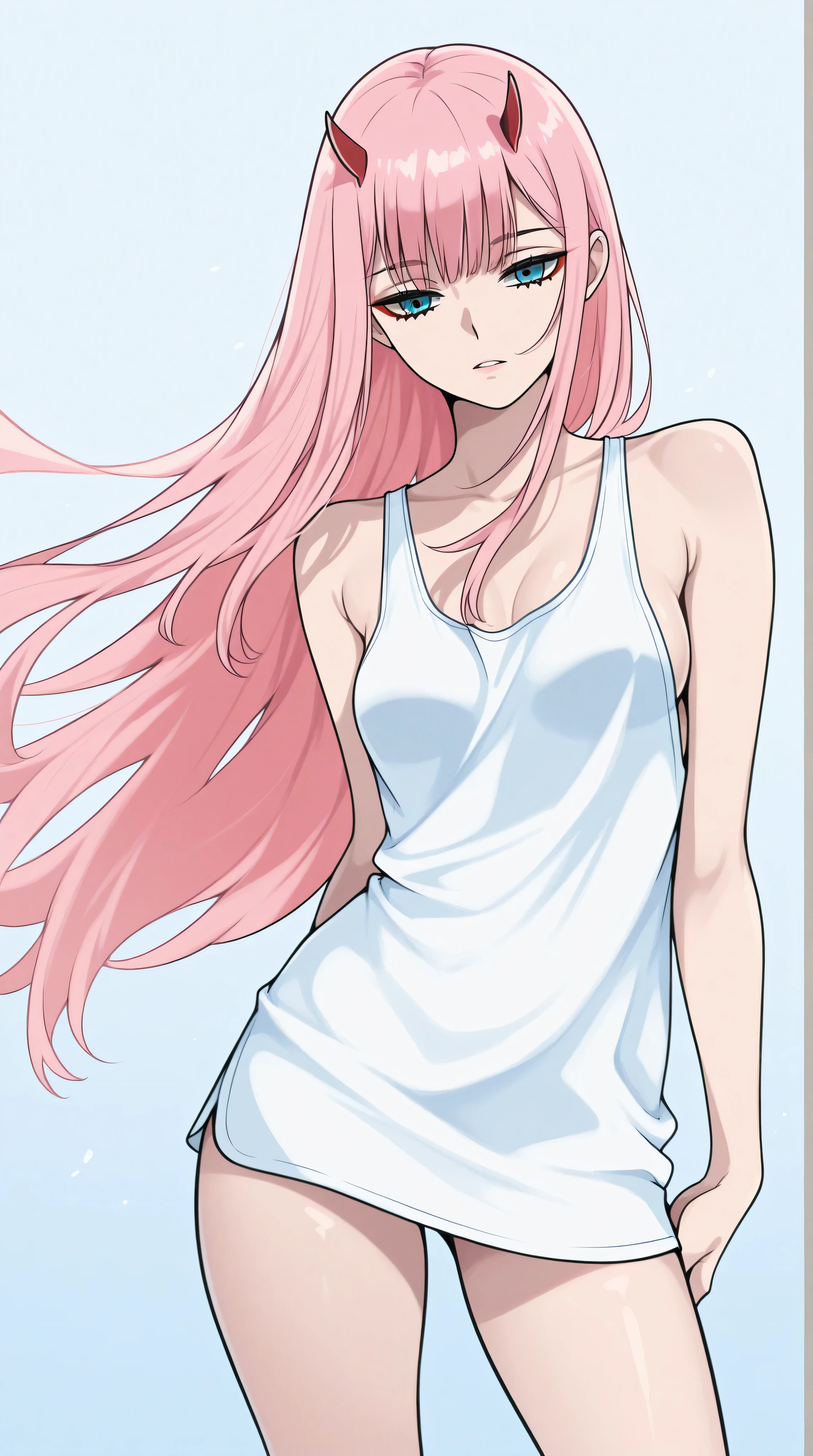 Zero Two from Darling in the Franxx, horns, pink hair, teal eyes, small breasts, slender legs, standing in a relaxed contrapposto pose with her hands behind her back, she’s facing viewer straight, having a dramatic, neutral expression on her young face, her tank top revealing pronounced cleavage and sideboob, her long hair fluttering in the wind, with a pale color gradation, blending retro elements, contemporary digital art, and surrealism, with intricate details, 