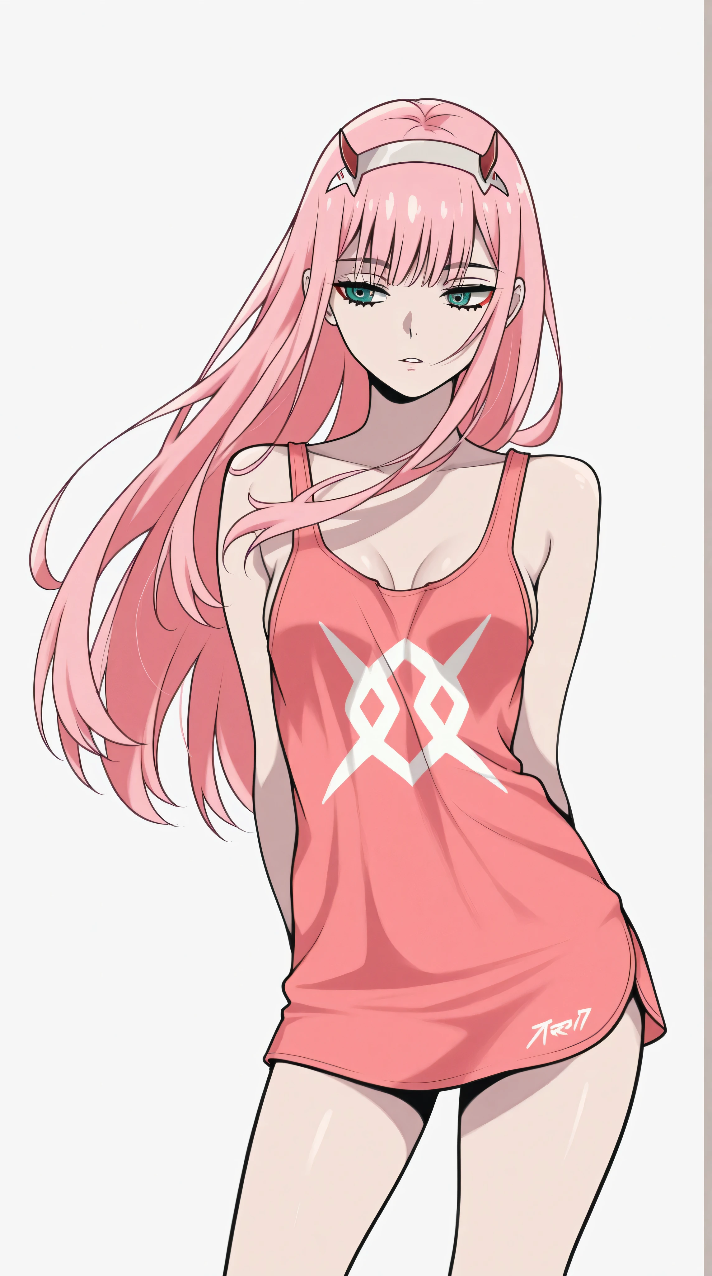 Zero Two from Darling in the Franxx, horns, pink hair, teal eyes, small breasts, slender legs, standing in a relaxed contrapposto pose with her hands behind her back, she’s facing viewer straight, having a dramatic, neutral expression on her young face, her tank top revealing pronounced cleavage and sideboob, her long hair fluttering in the wind, with a pale color gradation, blending retro elements, contemporary digital art, and surrealism, with intricate details, 