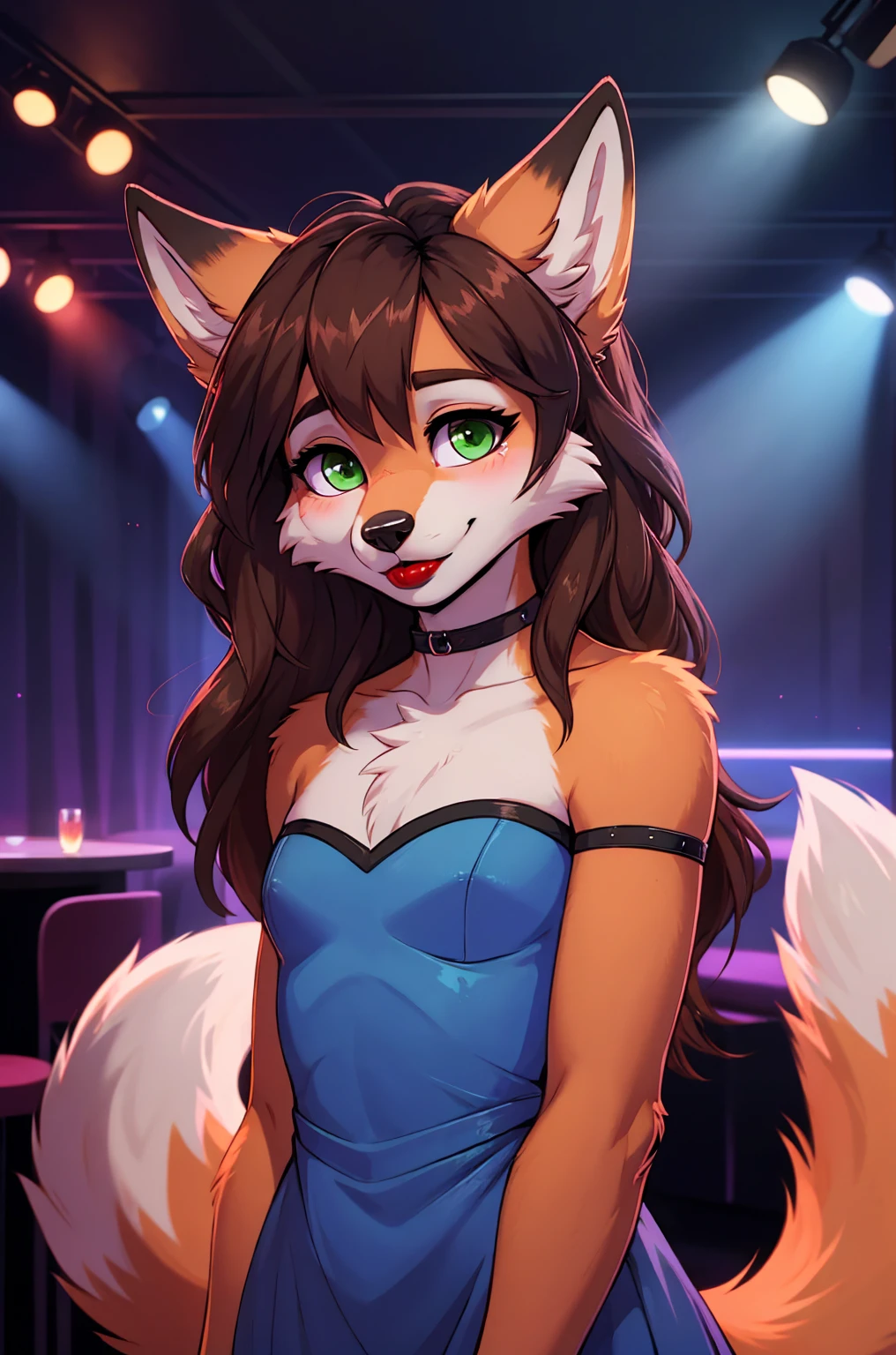 Best quality, furry male fox with green eyes, with brown long hair, with black spout, with red lipstick on lips, big lips, in a blue dress, crossdressing, shy, choker on the neck, off-the-shoulder dress, flirts, sexy pose, portrait, against the backdrop of an empty nightclub