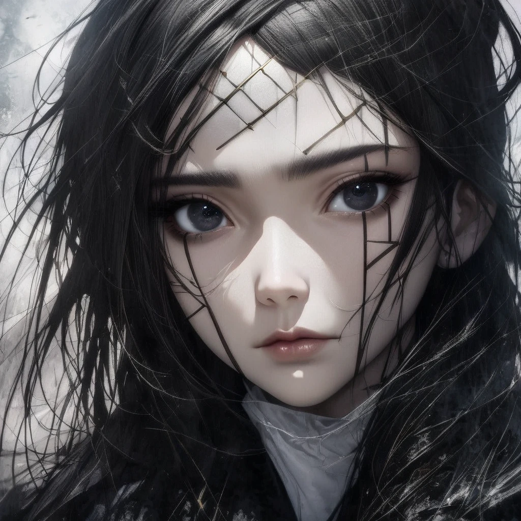 (masterpiece high quality, modern clothes, face close-up 3x4, arcane, caitlyn, black hair, 1girl, long hair, bangs, black attire, messy hair, white top suit, black clothes, anime style character, highly detailed exquisite fanart, realistic anime, black eyes, com os olhos fechados)