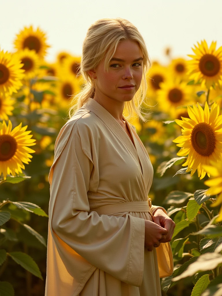 Milly Alcock,blonde hair,jedi robe dress,in a field of sunflower