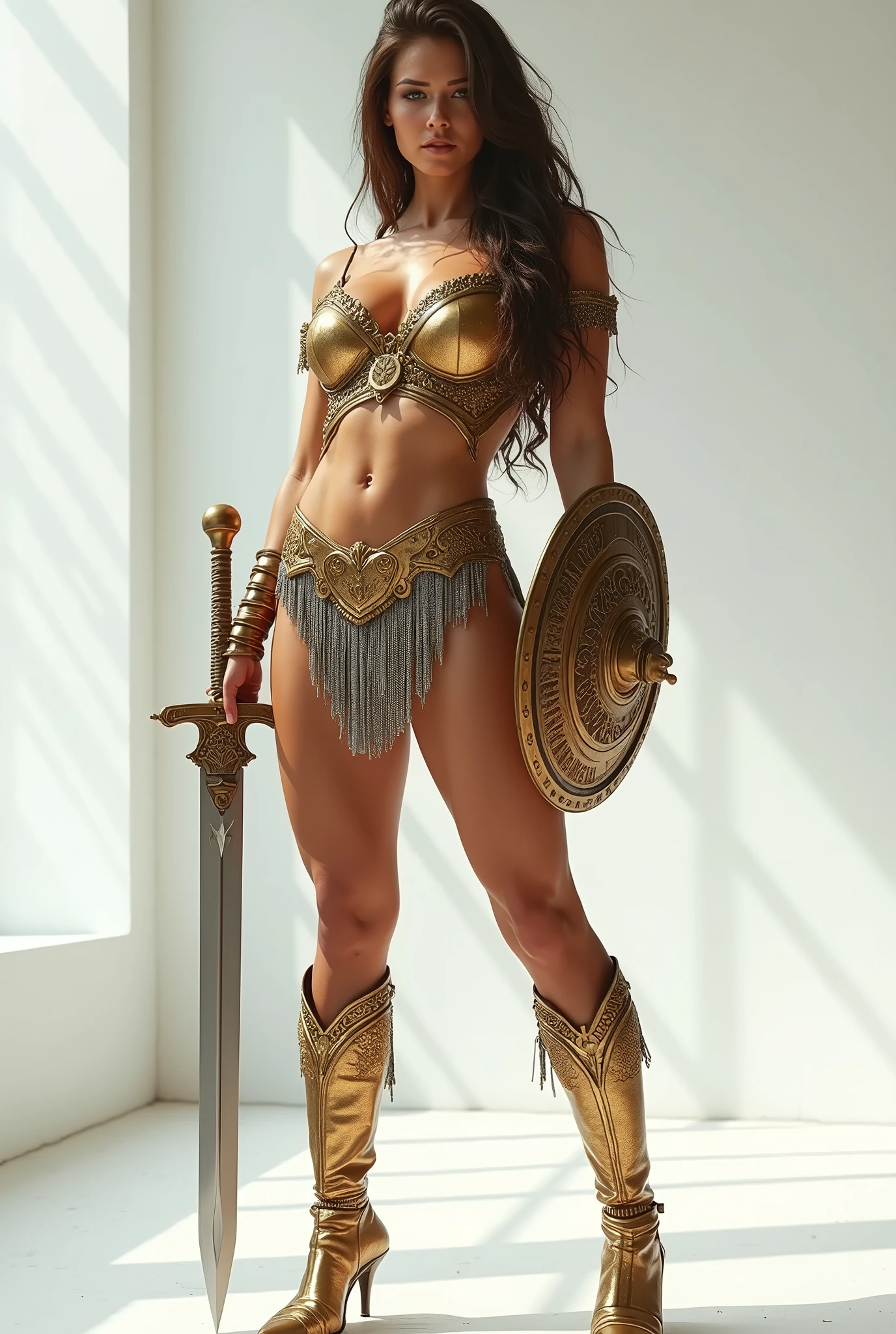 Masterpiece, a beautiful Amazon warrior, (Alyssa Sutherland:1.0), high detail plate armor, filigree, small breasts, (strong muscular body), (short brown matted hair), legs, (high fantasy battlefield background), (sword and sorcery), executing a man with a sword, HD, (skin texture:1.1), best quality, ultra high res, (photorealistic: 1.4), Raw photo, by Ellen von Unwerth, Nikon D850 Film Stock Photography, F1.6 Lens, Rich Colors, Realistic, Cinestill 800, backlight, rimlighting, studiolighting, sunlight, close-up