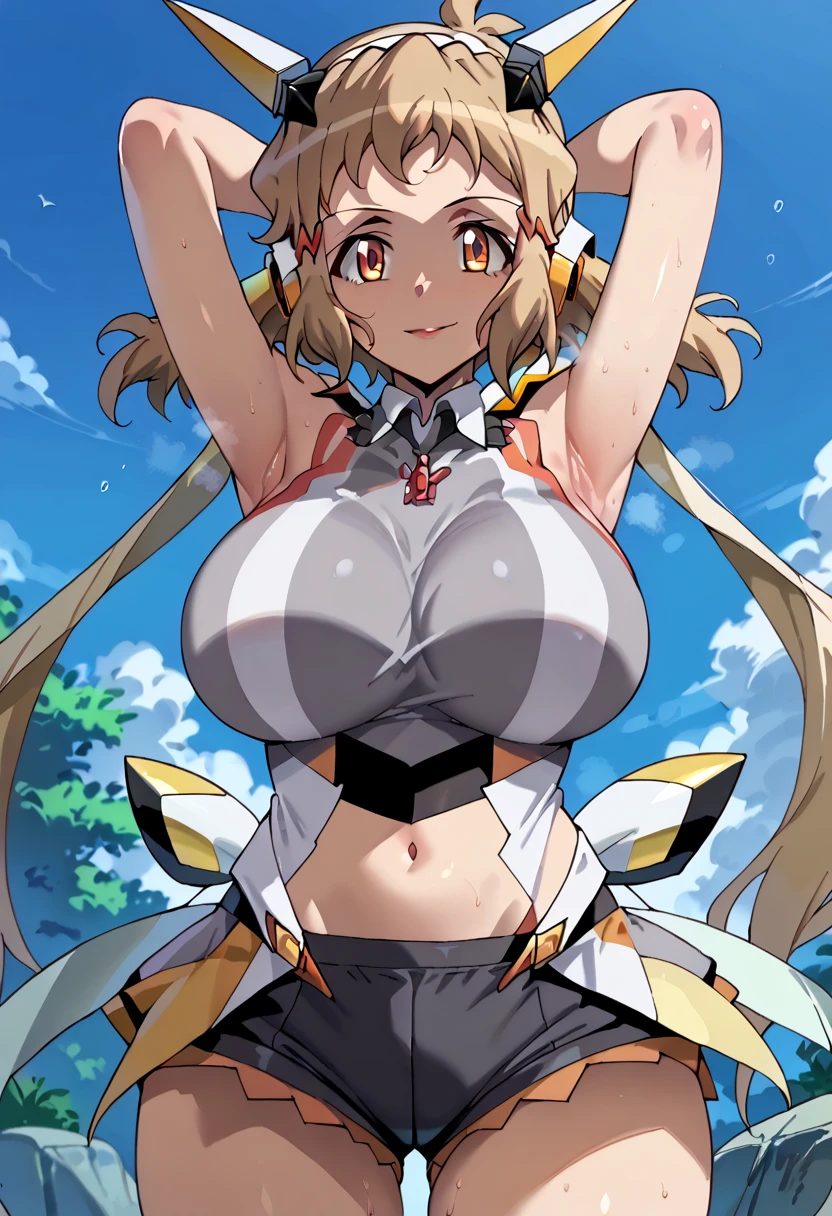 score_9, score_8_ up, score_7_ up, score_6_ up,  Source_Anime, rating_  Explicit,  One girl , (Alone:1.2), ( Senki Zesshou Symphogear, Tachibana Hibiki :1.5)huge breasts,  light brown hair, blunt bangs, オレンジEyes, Grey tank top,  clevis on a stone, midriff, belly button,  black shorts,  short shorts,  DOLPHIN SHORTS, smile, Half-open（Hanbiraki ）Eyes,  open lips, Narrow shoulders, steaming body, canteen, indoor,  viewers,  arms crossed above head, armpits close- up