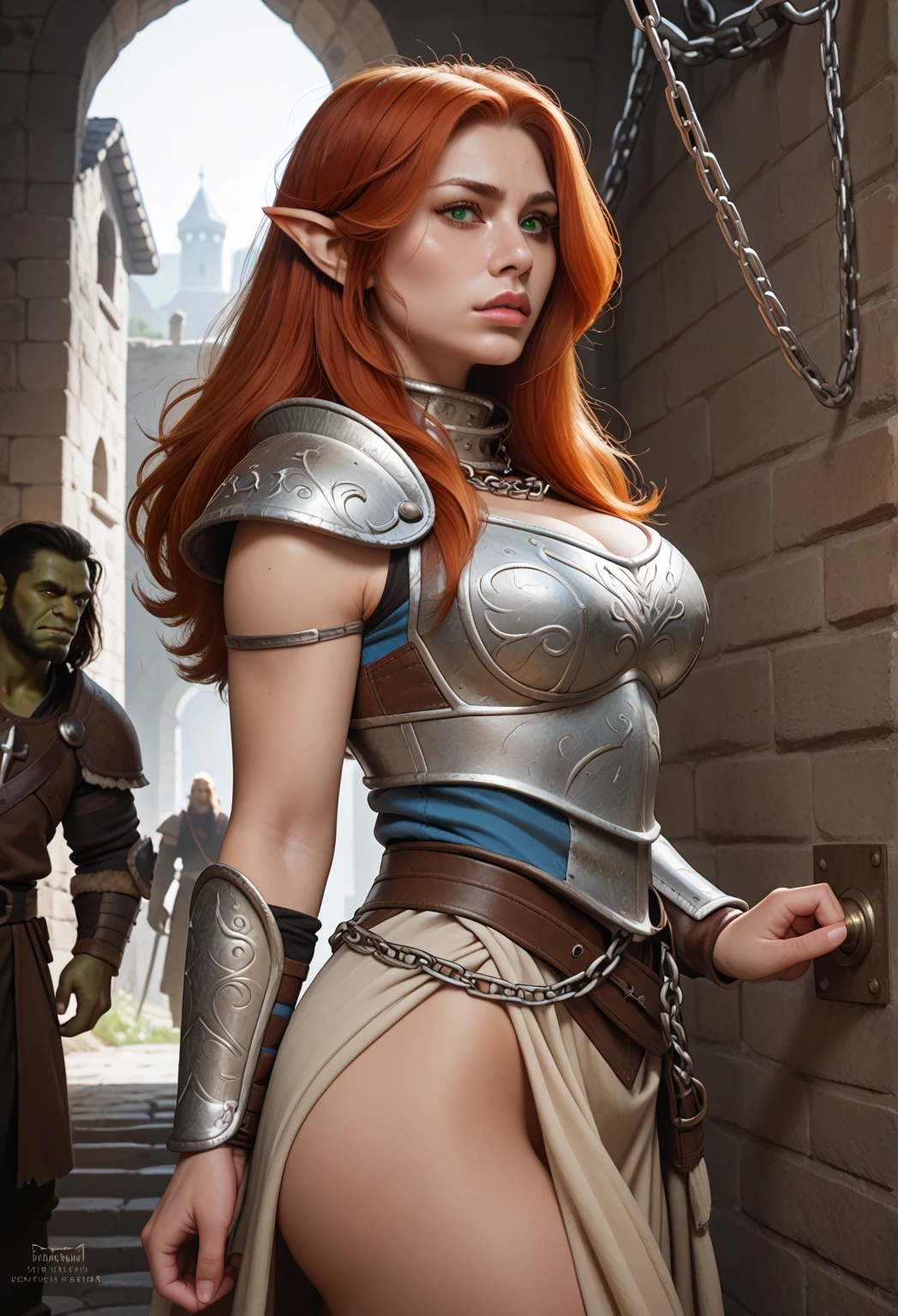 female redhead elf with beautiful elf ears, huge breasts, leather clothes, (insanely detailed:1.5), extremely detailed face and eyes, (black eyeliner:1.4), full body photograph, from behind, (plumb ass:1.4), (thick thighs:1.4), (:1.4), highly detailed skin, (nsfw:1.4)
