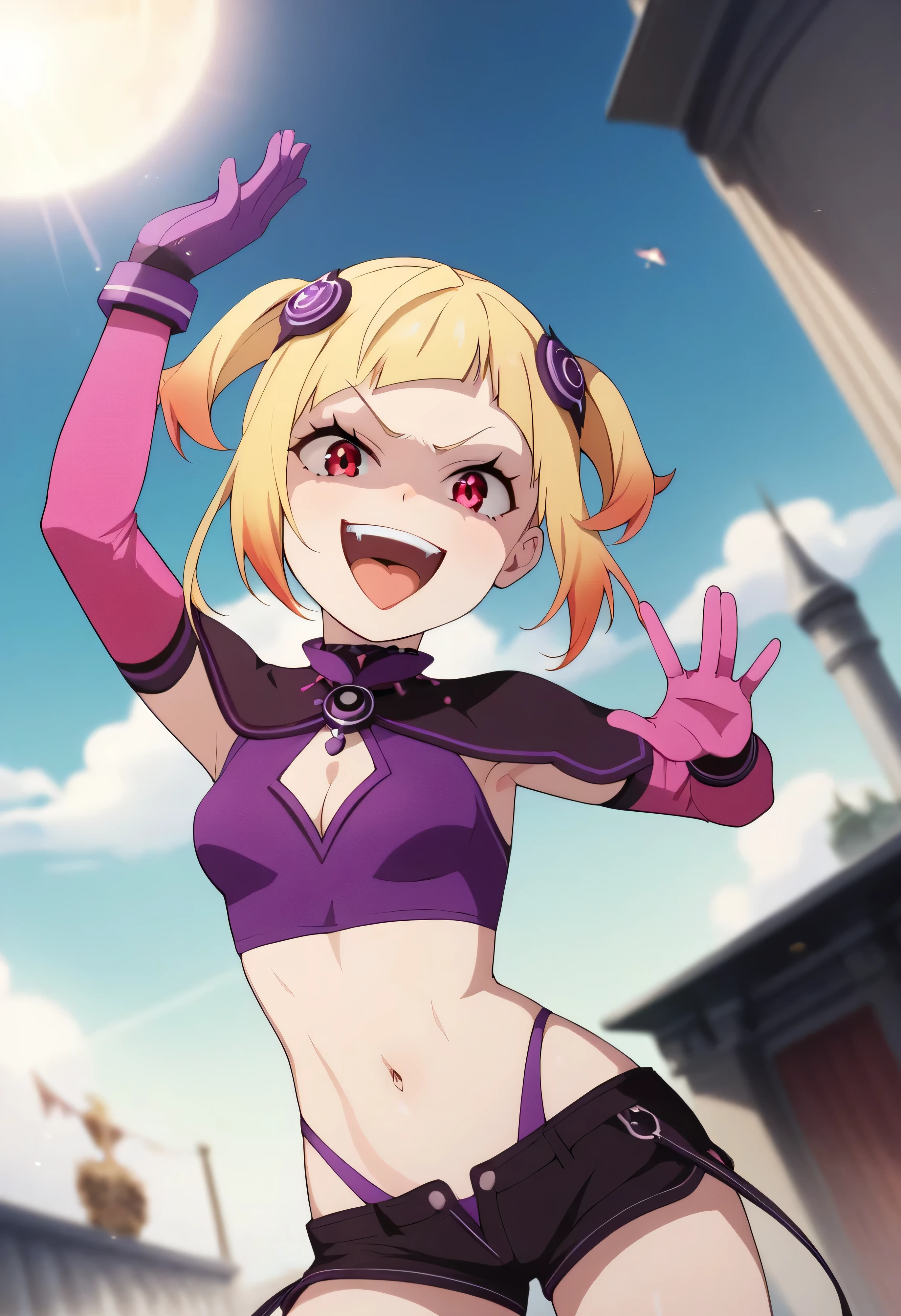 masterpiece, best quality, good quality, newest, CEL, AnFit, red eyes, blonde hair, purple crop top, 1girl, tongue out, black thighhighs, looking at viewer, purple gloves, cowboy shot, short shorts, black shorts, small breasts, highleg panties, hair ornament, , underwear, hand up, panty straps, smile, cleavage cutout, , open mouth, purple panties, two-tone , pink gloves, sidelocks, outline1girl, blonde hair,masterpiece , best quality, , lookin under, ,, smile, purple brassiere, from below,too evil laugh, small girl,small loli,beautiful body,villain pose,short hair,shaded face(eyes in shadow),1girl,violence,attack,kick,evil darkness background,