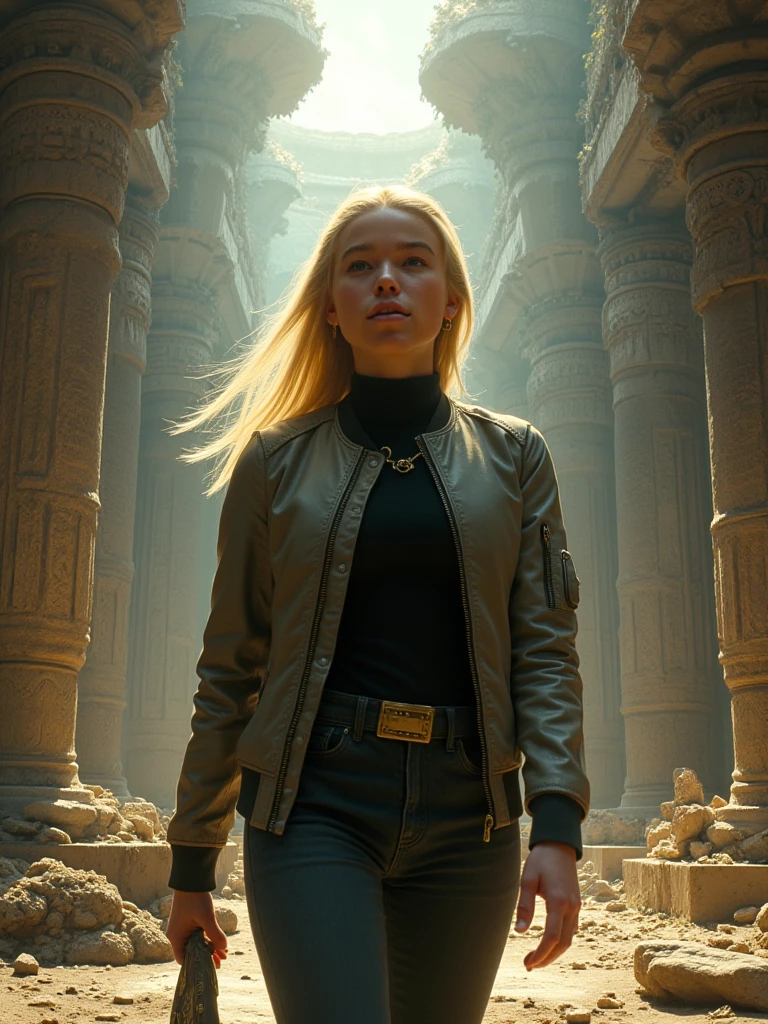 Milly Alcock,blonde hair,bomber jacket,turtleneck,exploring the ruins of a ancient atlantean temple