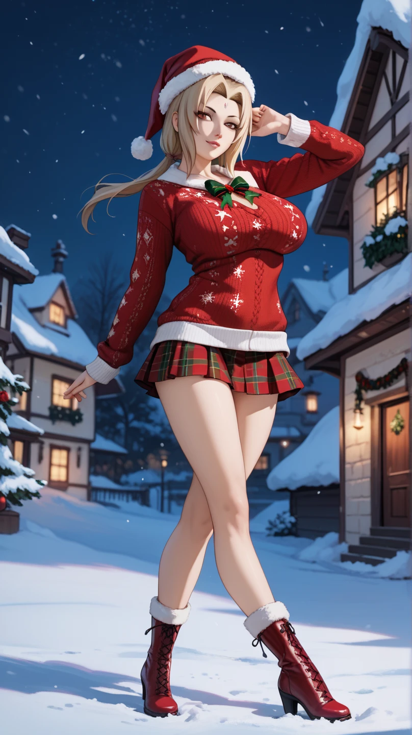 sexy tsunade,  very large breasts ,in a red Christmas low-cut sweater and Christmas mini skirt, Santa hat,  sexy Christmas boots ,  at night,  sexy look , pose sexy, in the snow, full body,