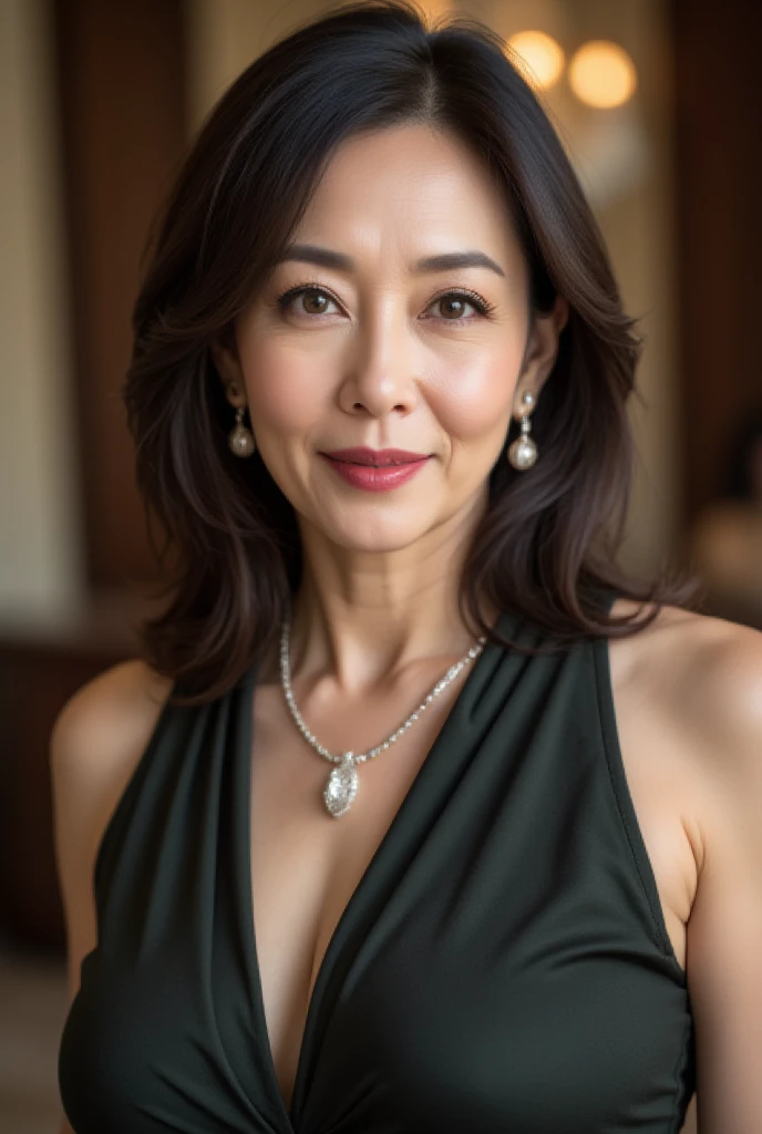 （Japanese woman with slightly mixed gray hair ：1.5）, 58 years old,  upper class style and mature beauty  (Mature charm: 1.6),  gentle and refined smile , ( fine lines of laughter : 1.4),  natural Aged and Confident Look , (wavy dark hair with streaks of gray: 1.4),  Soft and Natural Wrinkles 、 in the company reception room (1.3),  Sharp Focus ,  high res,  super detail (1.5), Glamorous charm, ( slightly flashy eye makeup : 1.5), (Darker lipstick: 1.4), ( glitter eyeshadow : 1.3), ( voluminous mascara : 1.3),  slim and elegant curves ,  noble and elegant posture ,  sexy and elegant dress （Luxurious silk material 、 Deep Neckline 、1.5）、 luxurious accessories （ Diamond Necklaces and Earrings, 1.4）, Realistic,  realistic  (1.5), masterpiece,  top quality ,  depth of field ,  physically-based rendering ,  noble and seductive atmosphere , background:  luxurious salon （Marble floor、 chandelier、 luxury furniture, 1.5） or night ball venue （ Glamorous Lighting and Classic Decor , 1.4）。