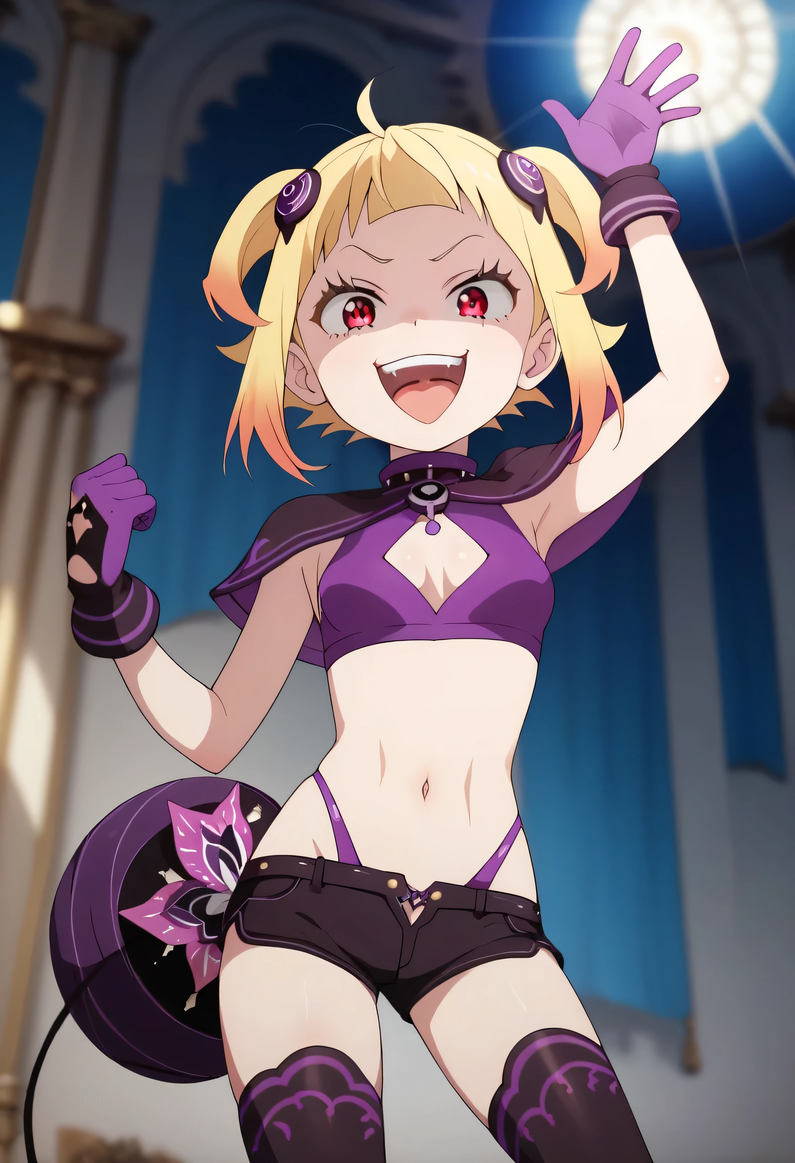 masterpiece, best quality, good quality, newest, CEL, AnFit, red eyes, blonde hair, purple crop top, 1girl, tongue out, black thighhighs, looking at viewer, purple gloves, cowboy shot, short shorts, black shorts, small breasts, highleg panties, hair ornament, , underwear, hand up, panty straps, smile, cleavage cutout, , open mouth, purple panties, two-tone , pink gloves, sidelocks, outline1girl, blonde hair,masterpiece , best quality, , lookin under, ,, smile, purple brassiere, from below,too evil laugh, small girl,small loli,beautiful body,villain pose,short hair,shaded face(eyes in shadow),1girl,violence,attack,kick,evil darkness background,