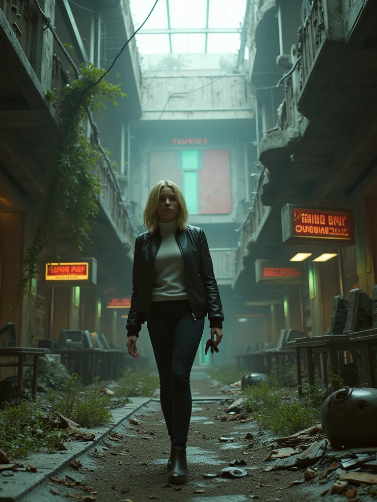 Milly Alcock,blonde hair,bomber jacket,turtleneck,exploring the ruins of a futuristic hitech laboratory