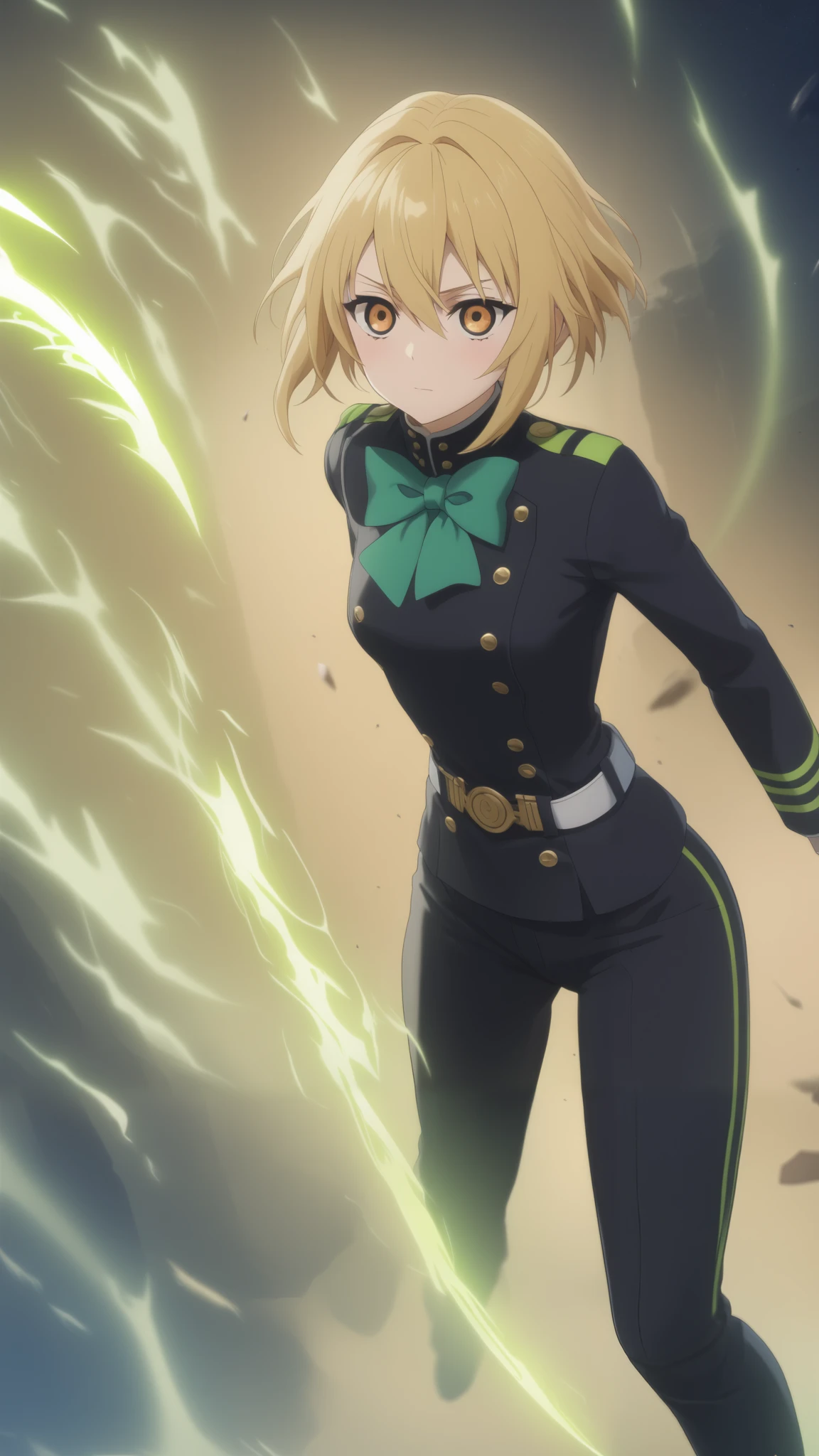 score_9, score_8_up, score_7_up, source_anime,  intricate details , (3d:0.4), ,  1 girl fights,  blonde , solo, female focus, светло-yellow hair, orange-amber eyes , big amber-colored eyes ,  short blond hair ,  hair between eyes,  sci-fi space opera, short bob hair , bangs, yellow hair, blushed, black uniform, Breasts,  thin waist, god,  slender legs , trousers, hiiragi , belt,  shoots with a black-green bow ,  pulls the string of a black-and-green bow, the black-and-green arrow ,  green flash of magic in hand, in the background is a destroyed city