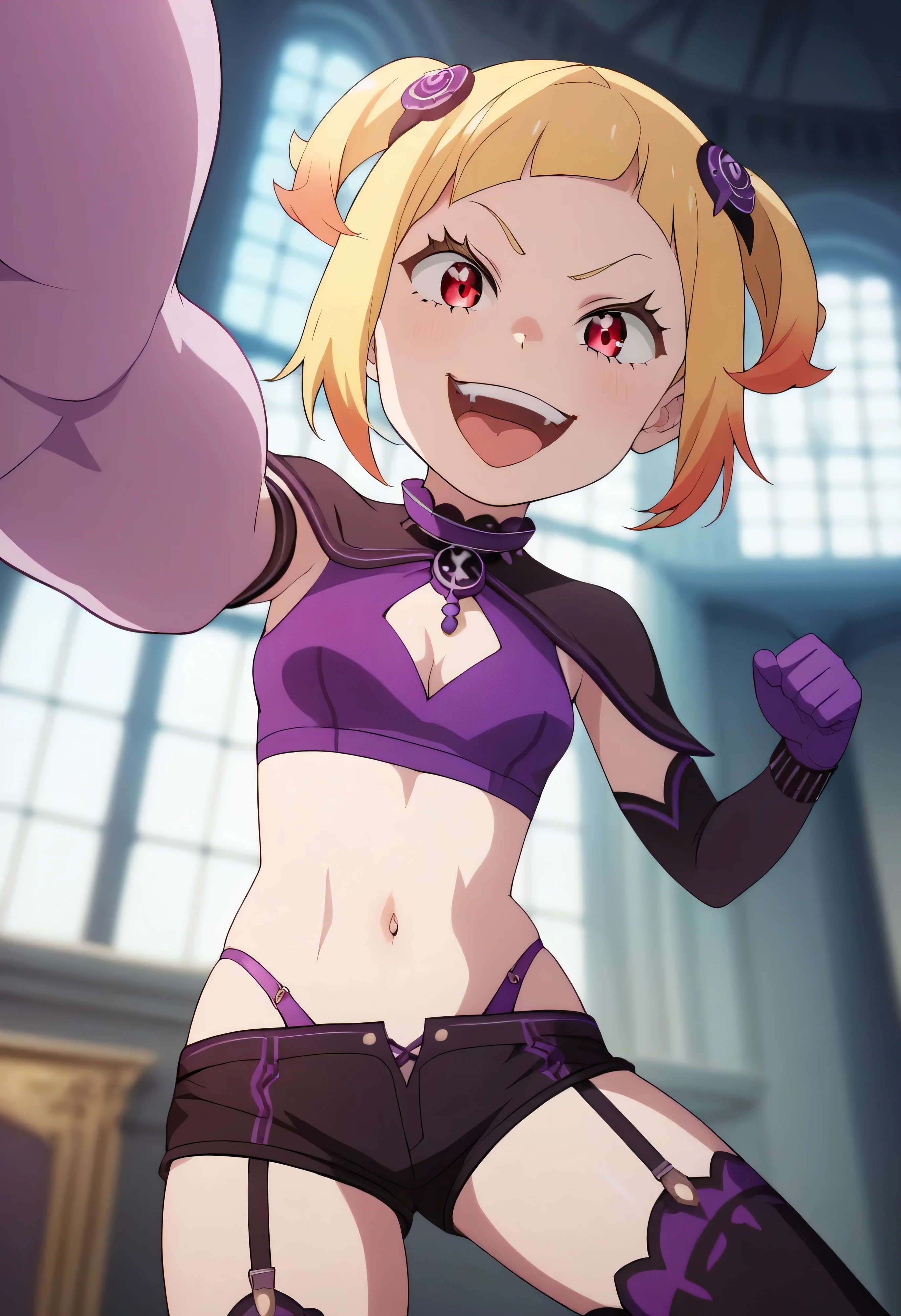 masterpiece, best quality, good quality, newest, CEL, AnFit, red eyes, blonde hair, purple crop top, 1girl, tongue out, black thighhighs, looking at viewer, purple gloves, cowboy shot, short shorts, black shorts, small breasts, highleg panties, hair ornament, , underwear, hand up, panty straps, smile, cleavage cutout, , open mouth, purple panties, two-tone , pink gloves, sidelocks, outline1girl, blonde hair,masterpiece , best quality, , lookin under, ,, smile, purple brassiere, from below,too evil laugh, small girl,small loli,beautiful body,villain pose,short hair,shaded face(eyes in shadow),1girl,violence,attack,kick,evil darkness background,