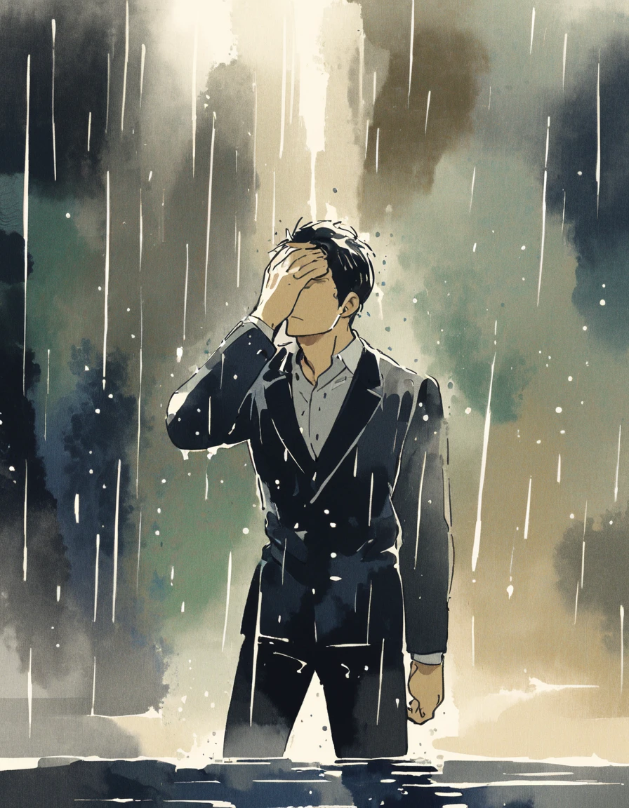 a man in suit in the rain. full body shot of the man who is soaked under the rain. he tilts his head up to face the rain, the rainwater flows down his face. he is walking in the street, holding his hands out to feel the rain. watercolor brushes stroke painting style. the sky is dark.