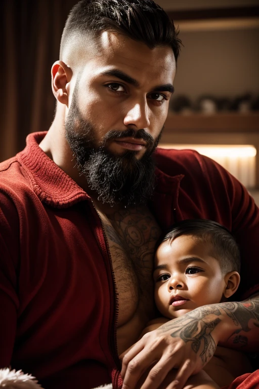Um homem de 28 anos do cabelo preto curto, beard and tattoo on arms with his 28-year-old wife with black hair and some tattoos and his 2-year-old son with fair skin, brown and curly hair inspired by Pixar animation, de perto. The family takes center stage with captivating facial expressions, oferecendo um toque de irrealidade