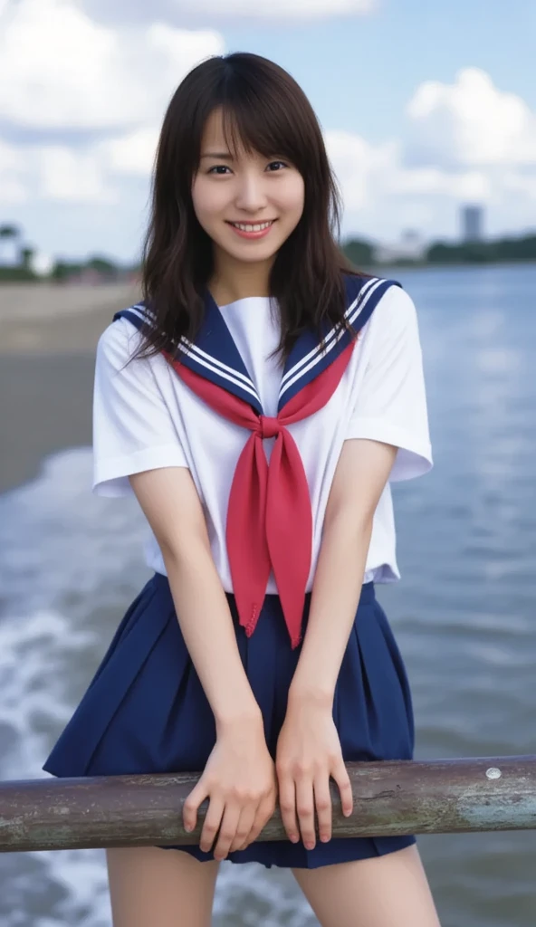 ((( super high res、 I was particular about every detail:1.4)))、 seaside dyed by the sunset 、 playing alone in the water 、 Cute Japanese  、 black hair that extends to her shoulders、 Bangs cut above her eyes  、 wearing a traditional Japanese uniform 、 sailor suit with white collar and dark blue lines 、 wearing a dark blue pleated skirt、 red scarf 、楽しそうにsmileを浮かべ、 play alone on the beach 、 Uniform sleeves are rolled up to the elbow .、 skirt The hem is also slightly wet .、barefoot、 her little white feet 、 bounces slightly every time it comes into contact with sand and water .、There&#39; step on the sand 、 enjoying the feel of the sand every time the water drops .、 scraping seawater back into the waves 、 vast blue ocean and sandy beach 、 beautiful sunset-dyed sky 、A small island in the distance々、There are small shells and driftwood on the shore.、 backpack placed on the beach 、 and socks neatly arranged on the chest of tops 、 relaxing style after school 、 fun memories of the end of summer 、Female in her late teens、 portrait、Dim city silhouette、 Silhouettes of buildings and streetlights Long dark brown hair 、 naturally wavy curls 、 breeze is blowing、 hair hanging down the sides of her face 、Smooth skin、Healthy olive color、The tan lines are faintly visible、Natural redness on the cheeks、 There are a few small smirks on her forehead .、Eyes with dark brown irises、Your eyes are sparkling, Reflects light、 long curled eyelashes 、Accentuate the eyes、The eyebrows are thin and trimmed、Natural Arch、small nose、 straight、 straight nose、 with plump lips 、soft pink lip gloss、Ultra-thin camisole、barefootとbarefoot、 The sleeve of the uniform is rolled up to the elbow 、 A small diamond earring shines on her left ear...、The expression is calm、Be confident、smile、((( )))、Realistic textures and facial details