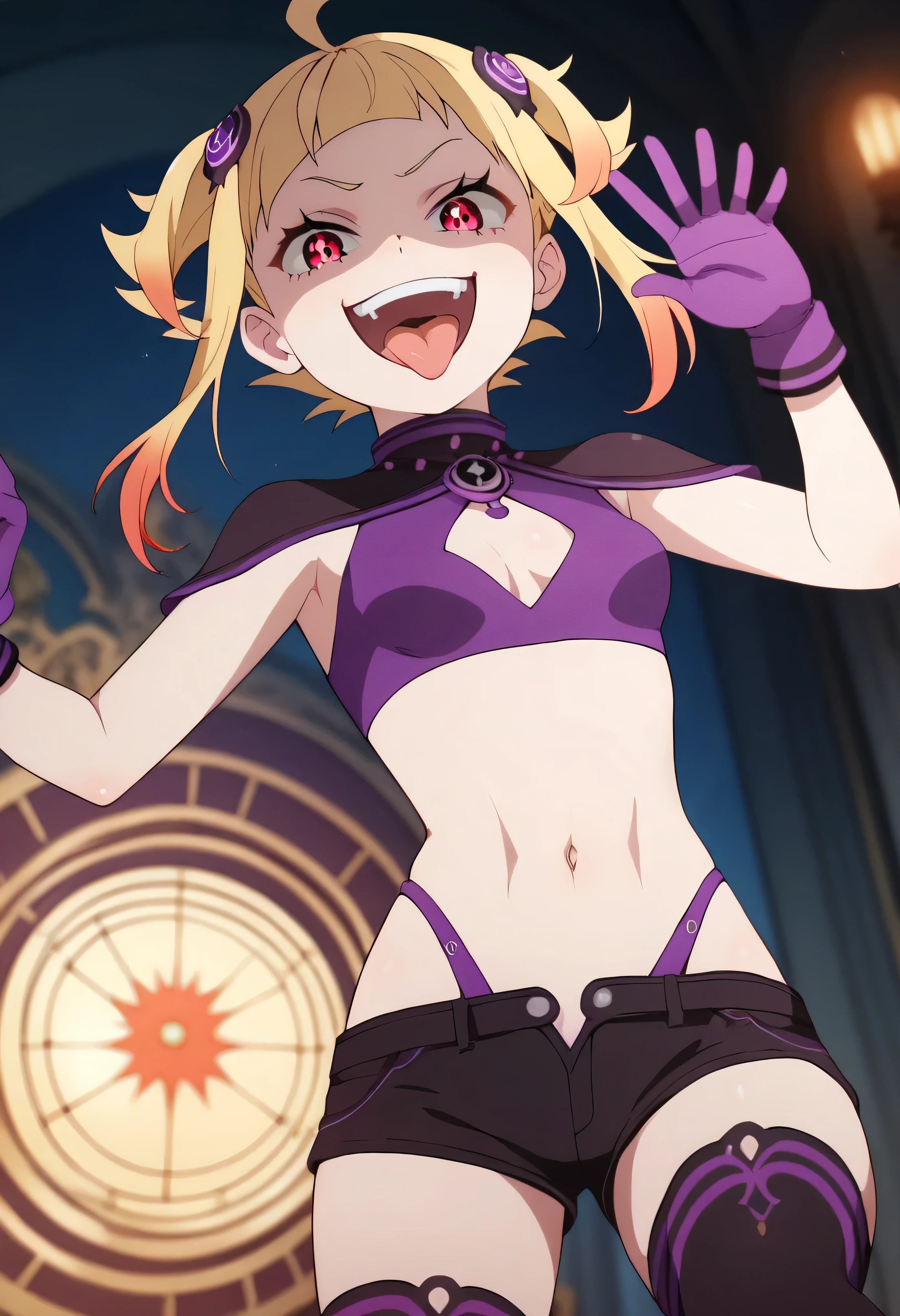 masterpiece, best quality, good quality, newest, CEL, AnFit, red eyes, blonde hair, purple crop top, 1girl, tongue out, black thighhighs, looking at viewer, purple gloves, cowboy shot, short shorts, black shorts, small breasts, highleg panties, hair ornament, , underwear, hand up, panty straps, smile, cleavage cutout, , open mouth, purple panties, two-tone , pink gloves, sidelocks, outline1girl, blonde hair,masterpiece , best quality, , lookin under, ,, smile, purple brassiere, from below,too evil laugh, small girl,small loli,beautiful body,villain pose,short hair,shaded face(eyes in shadow),1girl,violence,attack,kick,evil darkness background,