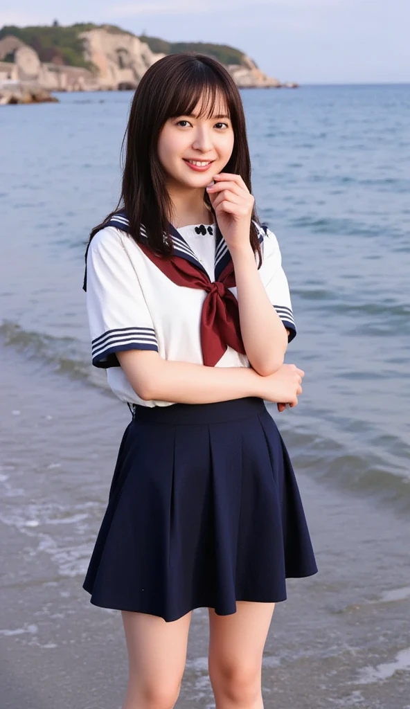 ((( super high res、 I was particular about every detail:1.4)))、 seaside dyed by the sunset 、 playing alone in the water 、 Cute Japanese  、 black hair that extends to her shoulders、 Bangs cut above her eyes  、 wearing a traditional Japanese uniform 、 sailor suit with white collar and dark blue lines 、 wearing a dark blue pleated skirt、 red scarf 、楽しそうにsmileを浮かべ、 play alone on the beach 、 Uniform sleeves are rolled up to the elbow .、 skirt The hem is also slightly wet .、barefoot、 her little white feet 、 bounces slightly every time it comes into contact with sand and water .、There&#39; step on the sand 、 enjoying the feel of the sand every time the water drops .、 scraping seawater back into the waves 、 vast blue ocean and sandy beach 、 beautiful sunset-dyed sky 、A small island in the distance々、There are small shells and driftwood on the shore.、 backpack placed on the beach 、 and socks neatly arranged on the chest of tops 、 relaxing style after school 、 fun memories of the end of summer 、Female in her late teens、 portrait、Dim city silhouette、 Silhouettes of buildings and streetlights Long dark brown hair 、 naturally wavy curls 、 breeze is blowing、 hair hanging down the sides of her face 、Smooth skin、Healthy olive color、The tan lines are faintly visible、Natural redness on the cheeks、 There are a few small smirks on her forehead .、Eyes with dark brown irises、Your eyes are sparkling, Reflects light、 long curled eyelashes 、Accentuate the eyes、The eyebrows are thin and trimmed、Natural Arch、small nose、 straight、 straight nose、 with plump lips 、soft pink lip gloss、Ultra-thin camisole、barefootとbarefoot、 The sleeve of the uniform is rolled up to the elbow 、 A small diamond earring shines on her left ear...、The expression is calm、Be confident、smile、((( )))、Realistic textures and facial details