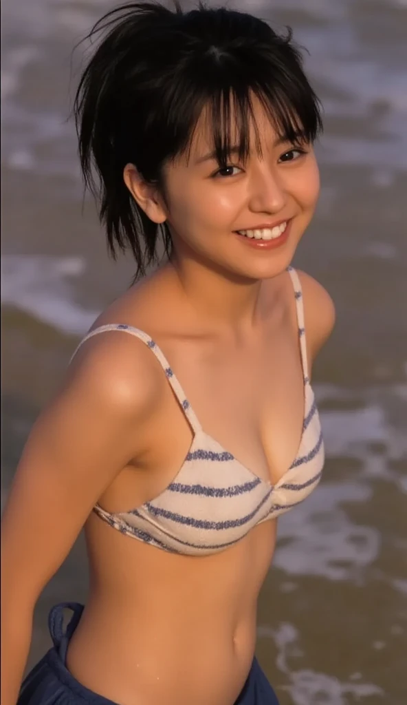 ((( super high res、 I was particular about every detail:1.4)))、 seaside dyed by the sunset 、 playing alone in the water 、 Cute Japanese  、 black hair that extends to her shoulders、 Bangs cut above her eyes  、 wearing a traditional Japanese uniform 、 sailor suit with white collar and dark blue lines 、 wearing a dark blue pleated skirt、 red scarf 、楽しそうにsmileを浮かべ、 play alone on the beach 、 Uniform sleeves are rolled up to the elbow .、 skirt The hem is also slightly wet .、barefoot、 her little white feet 、 bounces slightly every time it comes into contact with sand and water .、There&#39; step on the sand 、 enjoying the feel of the sand every time the water drops .、 scraping seawater back into the waves 、 vast blue ocean and sandy beach 、 beautiful sunset-dyed sky 、A small island in the distance々、There are small shells and driftwood on the shore.、 backpack placed on the beach 、 and socks neatly arranged on the chest of tops 、 relaxing style after school 、 fun memories of the end of summer 、Female in her late teens、 portrait、Dim city silhouette、 Silhouettes of buildings and streetlights Long dark brown hair 、 naturally wavy curls 、 breeze is blowing、 hair hanging down the sides of her face 、Smooth skin、Healthy olive color、The tan lines are faintly visible、Natural redness on the cheeks、 There are a few small smirks on her forehead .、Eyes with dark brown irises、Your eyes are sparkling, Reflects light、 long curled eyelashes 、Accentuate the eyes、The eyebrows are thin and trimmed、Natural Arch、small nose、 straight、 straight nose、 with plump lips 、soft pink lip gloss、Ultra-thin camisole、barefootとbarefoot、 The sleeve of the uniform is rolled up to the elbow 、 A small diamond earring shines on her left ear...、The expression is calm、Be confident、smile、((( )))、Realistic textures and facial details