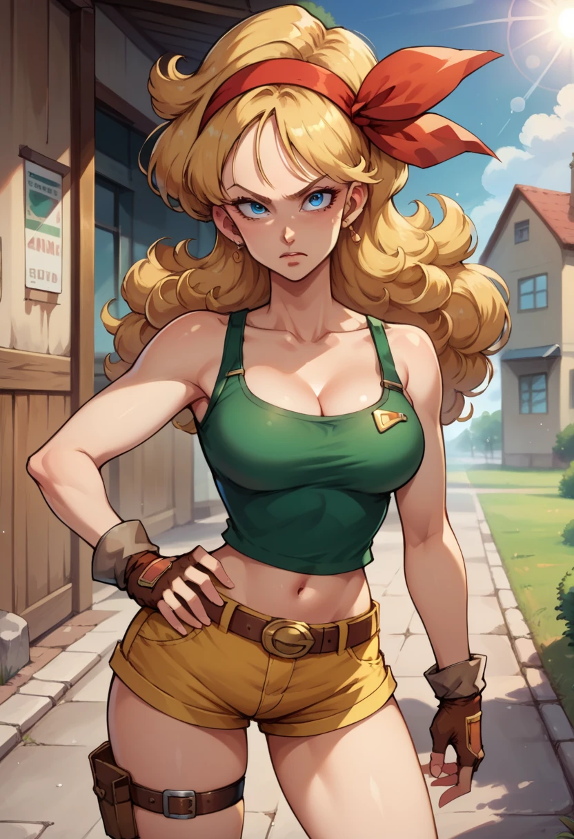 score_9, score_8_up, score_7_up, score_6_up, source anime, BREAK 1girl, solo, mature girl, adult, Launch, \(Dragon Ball\), long hair, blonde hair, curly hair, hair ribbon, blue eyes, medium breasts, red hairband, eyelashes, bangs, green shirt, yellow shorts, crop top, midriff, fingerless gloves, cleavage, bare shoulders, navel, short shorts, collarbone, tank top, belt, brown gloves, thigh strap, bare legs, outdoors, lens flare, depth of field, bokeh, vanishing point, (contrapposto, hand on hip)