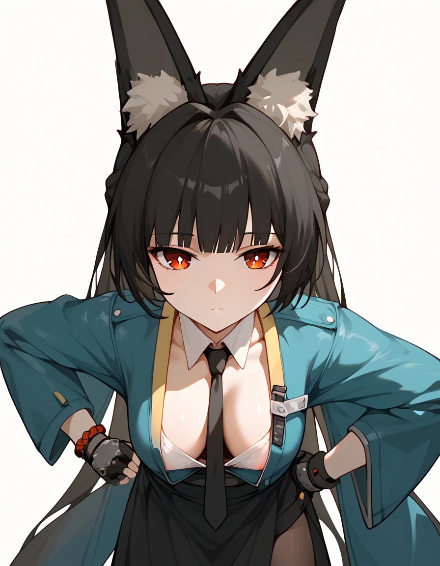  miyabihoshimi,  miyabi hoshimi ,animal ear fluff, animal ears, black hair, bright pupils, fox ears, fox girl, half updo, long hair, red eyes, sidelocks, white pupils,asymmetrical gloves, black gloves, black necktie, black skirt, blue jacket, collared shirt, fingerless gloves, gloves, high-waist skirt, jacket, long skirt, necktie, shirt, side slit, single fingerless glove, skirt, white shirt, wide sleeves,( white background )、Straight face、 are expressionless、extended downblouse, downblouse, Well good, hanging breasts, leaning forward, nipple slip, loose clothes, loose shirt, bent over, collarbone, upper body only