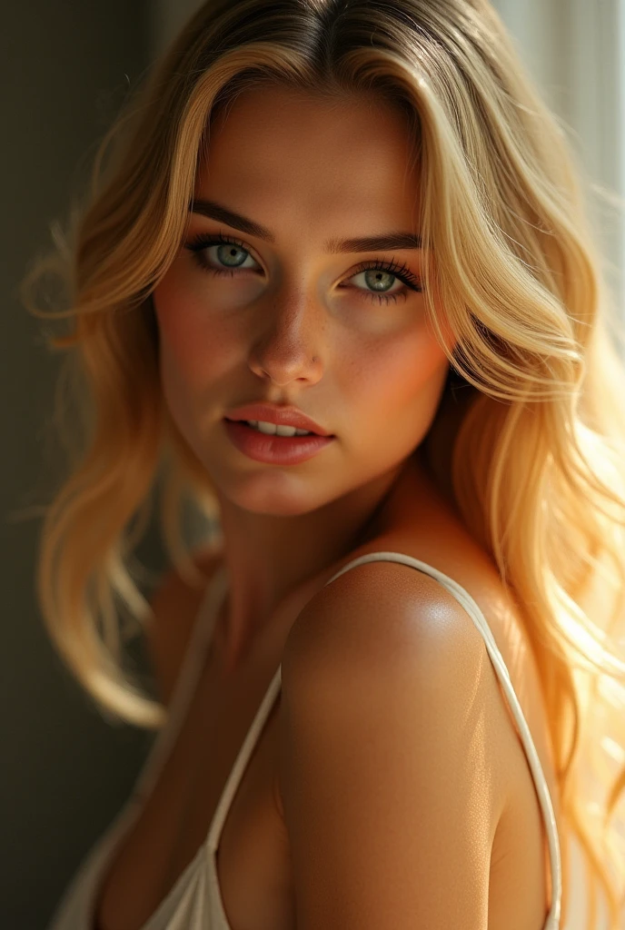 vue très très lointaine, une femme blonde ????, robe transparente, Visage détaillé, Beaux yeux, lèvres pulpeuses, pose élégante, dans un lit, éclairage naturelle, Éclairage dramatique, très détaillé, Photoréaliste, 8k, hyper réaliste, couleurs dramatiques, éthéré, mystique, atmosphérique, détails complexes, peau brillante, expression captivante