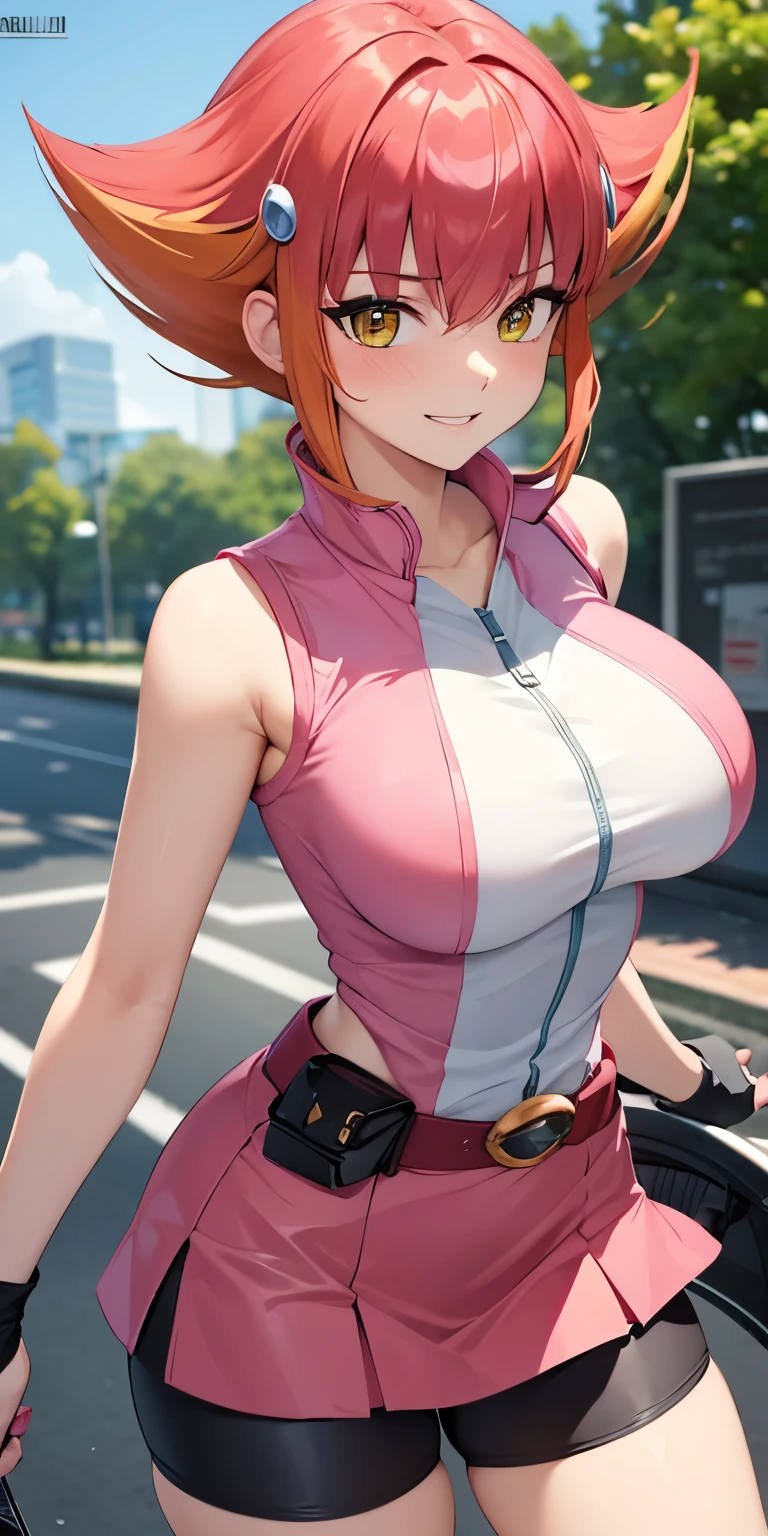 1 Female,High definition,high resolution,Ultra-realistic,8K, Annadef, 1girl, solo, multicolored hair, two-tone hair, hair ornament, yellow eyes, short hair, pink hair, red hair, orange hair, large breasts, breasts, 
smile, shorts, sleeveless, belt, black shorts, bike shorts,pink skirt, large breasts,European,sexy,Upper body close-up,Photographed from the front,Dynamic Angles,(blush), (medium tits) 