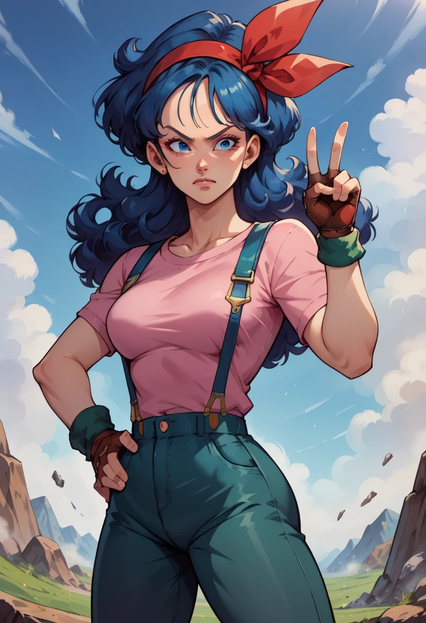 score_9, score_8_up, score_7_up, score_6_up, source anime, BREAK 1girl, solo, mature girl, adult, Launch, \(Dragon Ball\),blue hair, black eyes, blue eyes, long hair, curly hair, medium breasts, red hairband, eyelashes, bangs, pink shirt, pink shirt suspenders,red hair ribbon, black leather pants, peace sign, brown fingerless gloves, green leg warmers, light blue boots, (contrapposto, hand on hip)