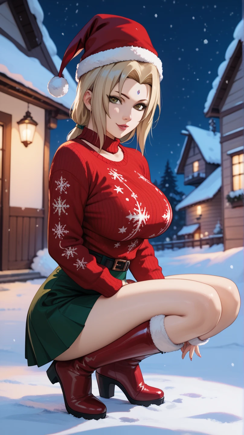 sexy tsunade,  very large breasts ,in a red Christmas low-cut sweater and Christmas mini skirt, Santa hat,  sexy Christmas boots ,  at night,  sexy look , pose sexy, in the snow, standing, crouching,