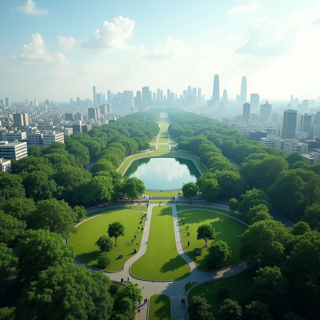airplane mode verticle view of a park .zoom out maximum. wider park. add city far away. resolution1920×1080