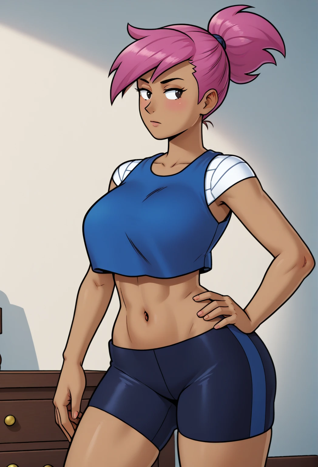 score_9, score_8_up, score_7_up, score_9,4k, HD, 8k, highres, antialiasing, detailed, texture, cinematic lighting,  enidSDXL, 1girl, solo, ponytail, short hair, large breasts,  blue tanktop, navel, cowboy shot,  pink hair, purple hair, dark skin, shorts, midriff, black eyes, crop top, hand on hip, bike shorts, wide hips, room, blue tanktop, half body 