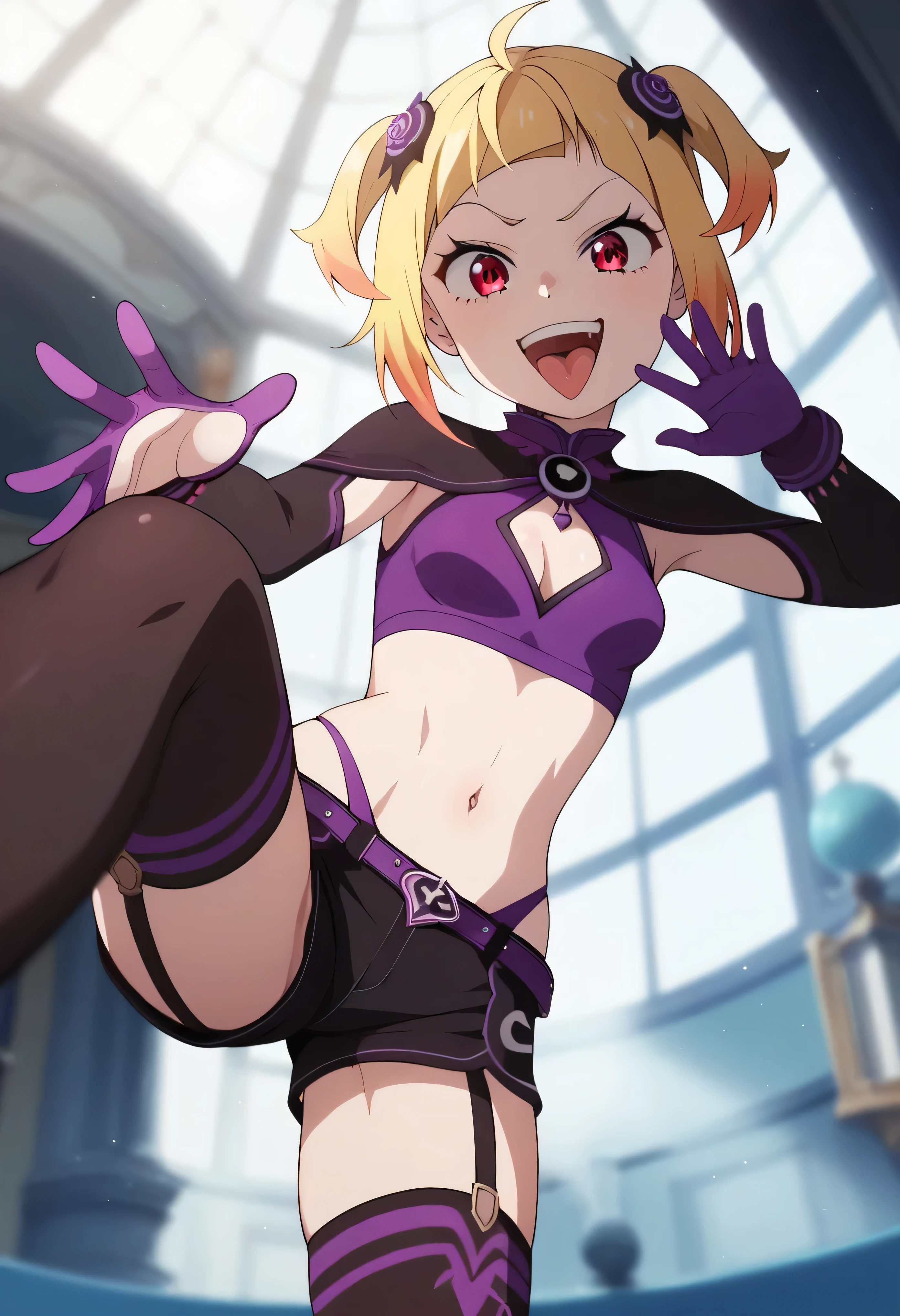 masterpiece, best quality, good quality, newest, CEL, AnFit, red eyes, blonde hair, purple crop top, 1girl, tongue out, black thighhighs, looking at viewer, purple gloves, cowboy shot, short shorts, black shorts, small breasts, highleg panties, hair ornament, , underwear, hand up, panty straps, smile, cleavage cutout, , open mouth, purple panties, two-tone , pink gloves, sidelocks, outline1girl, blonde hair,masterpiece , best quality, , lookin under, ,, smile, purple brassiere, from below,too evil laugh, small girl,small loli,beautiful body,villain pose,short hair,shaded face(eyes in shadow),1girl,violence,attack,kick,evil darkness background,