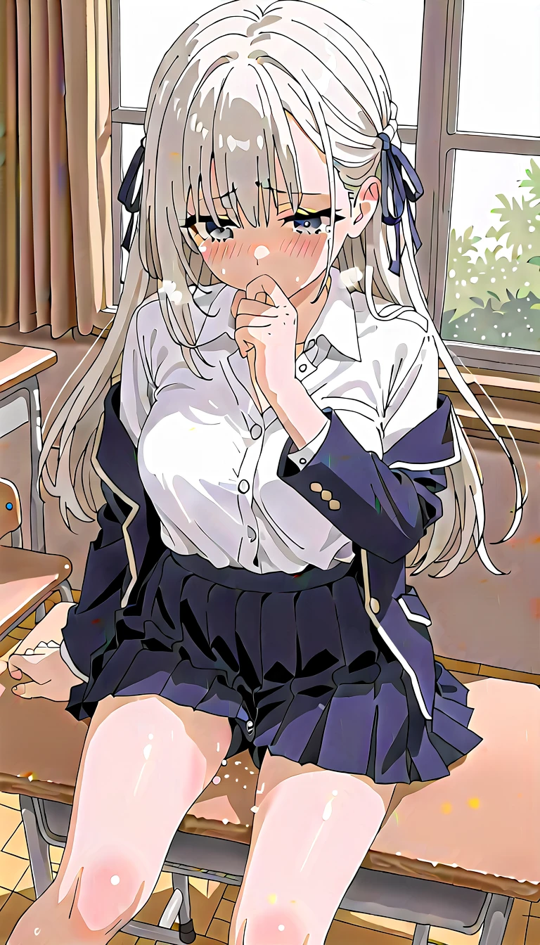 (masterpiece, beautiful,hughres,CG,8k,16k, top quality ,  high res , Detailed Fingers , detailed hands ,Detailed legs, detail eyes:1.5),Pay attention to the panties, One girl ,Alone,(classroom,School,school desk:1.5),(School uniform,White Hair, long hair on her face, straight hair, white shirt, blazer,ribbon,black tights, pleated skirt,black skirt:1.2),( white panties:1.2), Big Breasts ,(Table Humping,Crotch rub:1.4),( Cover your mouth with bubbles,  cover one's mouth :1.2),( female orgasm,  pussy juice:1.1),(  above S:1.4),( out of breath , heavy breathing,:1.5),(Impatience 1 .1), Panicked ,( fidget :1.4),( steam:1.2),( sweaty skin:1.4),( shed tears:1.2), makes me drool,( Look Down:1.4),(Speaking Heart:1.2),( squint:1.6)