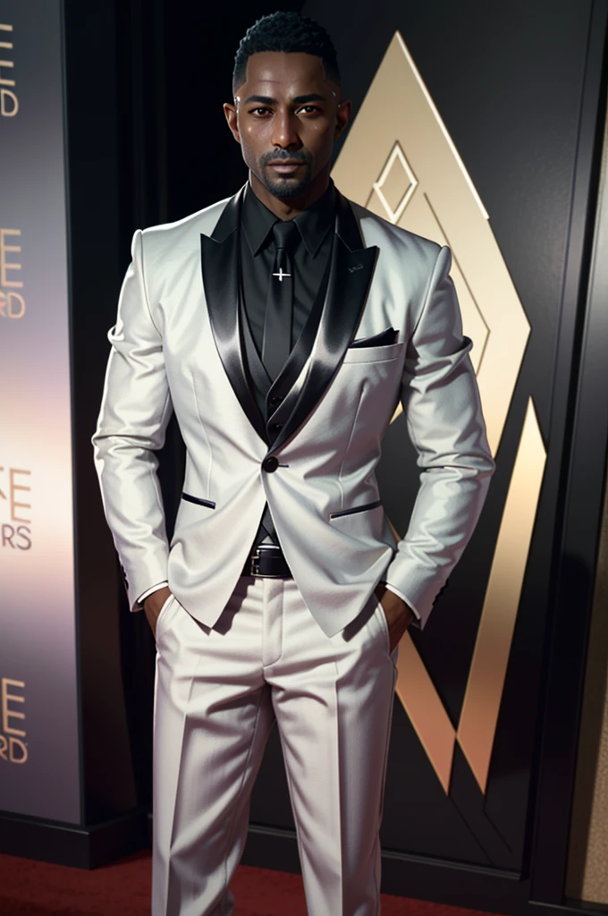 (masterpiece:1.2), (best quality:1.2), (high resolution:1.2)
CyberReed, 1boy, dark-skinned male, buzz cut, On the red carpet at a glamorous awards ceremony, wearing a bespoke black tie ensemble