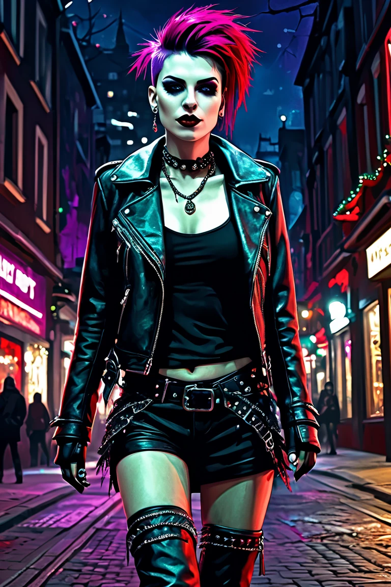 gothic punk Woman, 30 years old, fierce and free, In city streets, they claim their spree. Punk defiance in their stride, Urban night, where secrets hide. christmas colors, Christmas tree in The back, exuberant mood, digital painting in fantasy art style --ar 3:4 --v 6.0