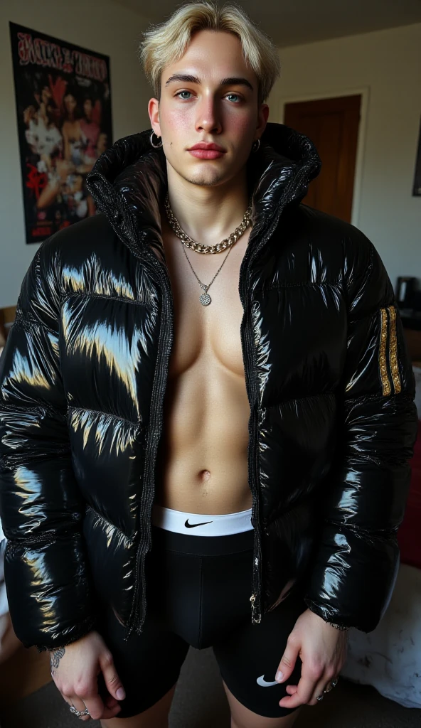 full hyper realistic view, young blond white boy actor austin butler, undercut stylish haircut ,with massive siliconed big lips, in white rubber shiny puffy down jacket, white rubber shiny shorts, white latex socks, white steel cap toed boots, dozens of golden rings, golden jewelery, big diamond earings, showing up in chic nightclub surrounded by lots of of young fashion different guys