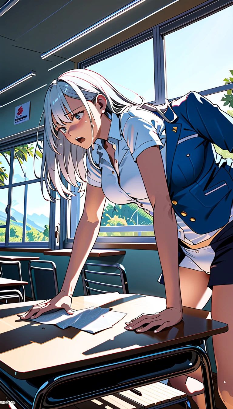 (masterpiece, beautiful,hughres,CG,8k,16k, top quality ,  high res , Detailed Fingers , detailed hands ,Detailed legs, detail eyes:1.5),Pay attention to the panties, One girl ,Alone,(classroom,School,school desk:1.5),(School uniform,White Hair, long hair on her face, straight hair, white shirt, blazer,ribbon,black tights, pleated skirt,black skirt:1.2),( white panties:1.2), Big Breasts ,(Table Humping,Crotch rub:1.4),( Cover your mouth with bubbles,  cover one's mouth :1.2),( female orgasm,  pussy juice:1.1),(  above S:1.4),( out of breath , heavy breathing,:1.5),(Impatience 1 .1), Panicked ,( fidget :1.4),( steam:1.2),( sweaty skin:1.4),( shed tears:1.2), makes me drool,( Look Down:1.4),(Speaking Heart:1.2),( squint:1.6)