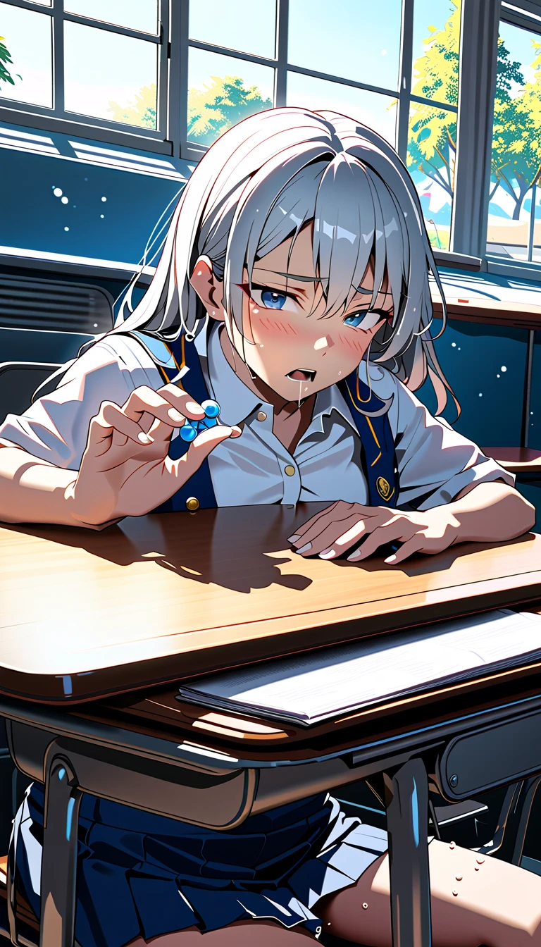 (masterpiece, beautiful,hughres,CG,8k,16k, top quality ,  high res , Detailed Fingers , detailed hands ,Detailed legs, detail eyes:1.5),Pay attention to the panties, One girl ,Alone,(classroom,School,school desk:1.5),(School uniform,White Hair, long hair on her face, straight hair, white shirt, blazer,ribbon,black tights, pleated skirt,black skirt:1.2),( white panties:1.2), Big Breasts ,(Table Humping,Crotch rub:1.4),( Cover your mouth with bubbles,  cover one's mouth :1.2),( female orgasm,  pussy juice:1.1),(  above S:1.4),( out of breath , heavy breathing,:1.5),(Impatience 1 .1), Panicked ,( fidget :1.4),( steam:1.2),( sweaty skin:1.4),( shed tears:1.2), makes me drool,( Look Down:1.4),(Speaking Heart:1.2),( squint:1.6)