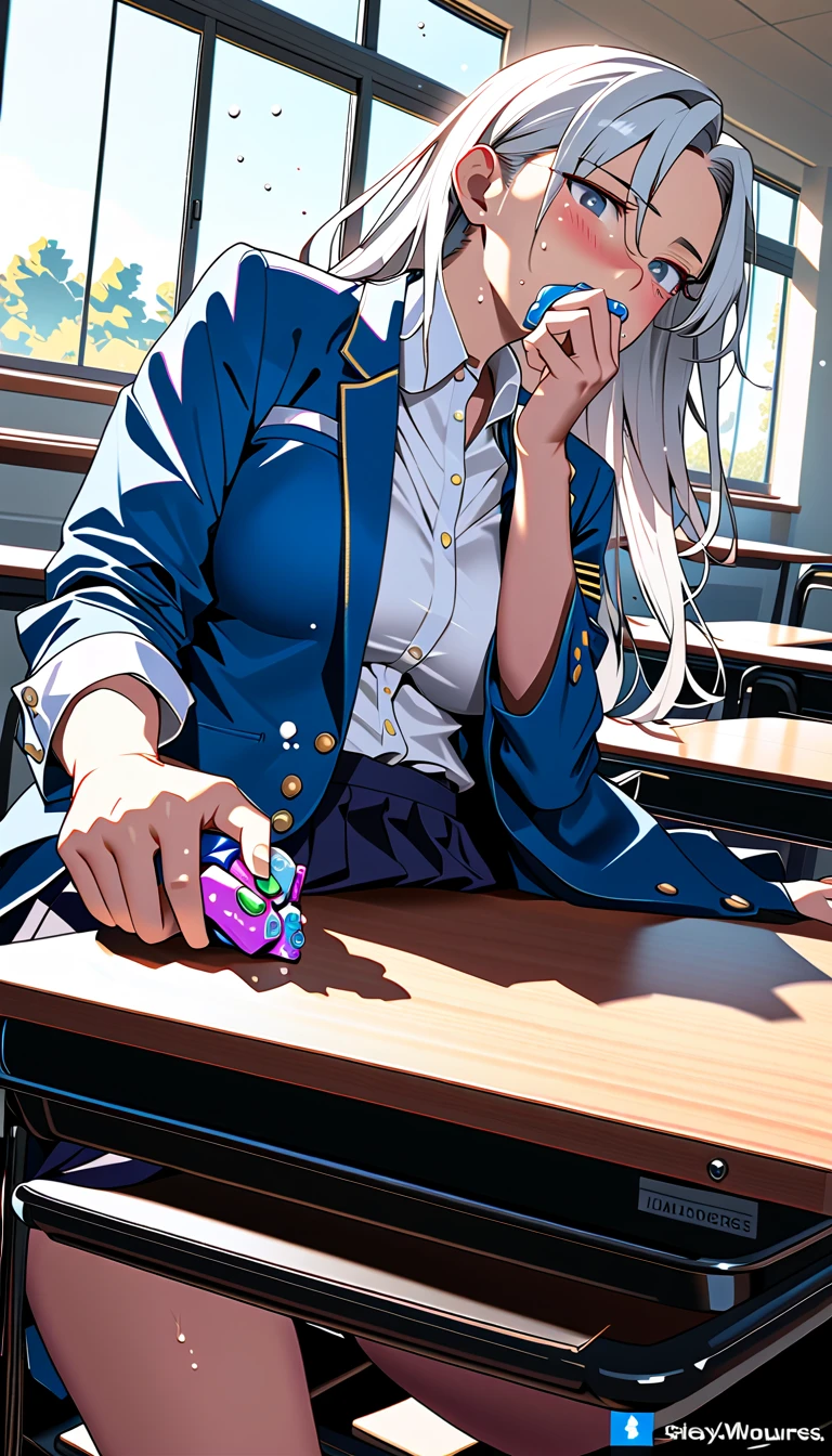 (masterpiece, beautiful,hughres,CG,8k,16k, top quality ,  high res , Detailed Fingers , detailed hands ,Detailed legs, detail eyes:1.5),Pay attention to the panties, One girl ,Alone,(classroom,School,school desk:1.5),(School uniform,White Hair, long hair on her face, straight hair, white shirt, blazer,ribbon,black tights, pleated skirt,black skirt:1.2),( white panties:1.2), Big Breasts ,(Table Humping,Crotch rub:1.4),( Cover your mouth with bubbles,  cover one's mouth :1.2),( female orgasm,  pussy juice:1.1),(  above S:1.4),( out of breath , heavy breathing,:1.5),(Impatience 1 .1), Panicked ,( fidget :1.4),( steam:1.2),( sweaty skin:1.4),( shed tears:1.2), makes me drool,( Look Down:1.4),(Speaking Heart:1.2),( squint:1.6)