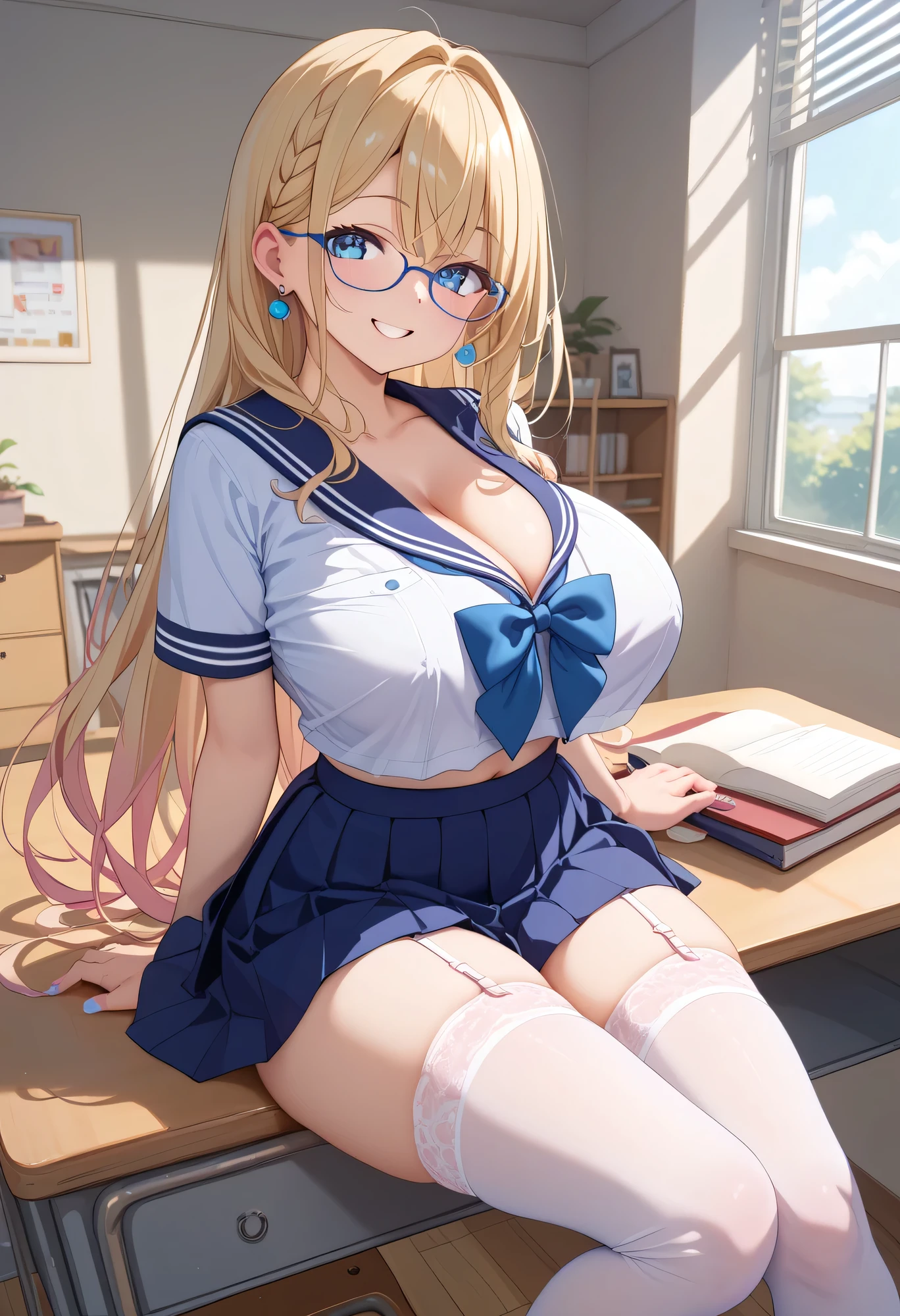  top quality 、 high res、 high image quality、masterpiece、 detailed background、 Beautiful face in every detail 、 detailed face 、 detailed eyes、Teenage beauty、 huge breasts、 perfect body line 、Glasses、 shiny navy blue sailor suit、 White Sailor Color 、 pleated skirt 、 white stockings 、 accentuate cleavage、 emphasizes breasts、girl sitting at desk 、 Panty Shot 、 big smile when looking back、 cute